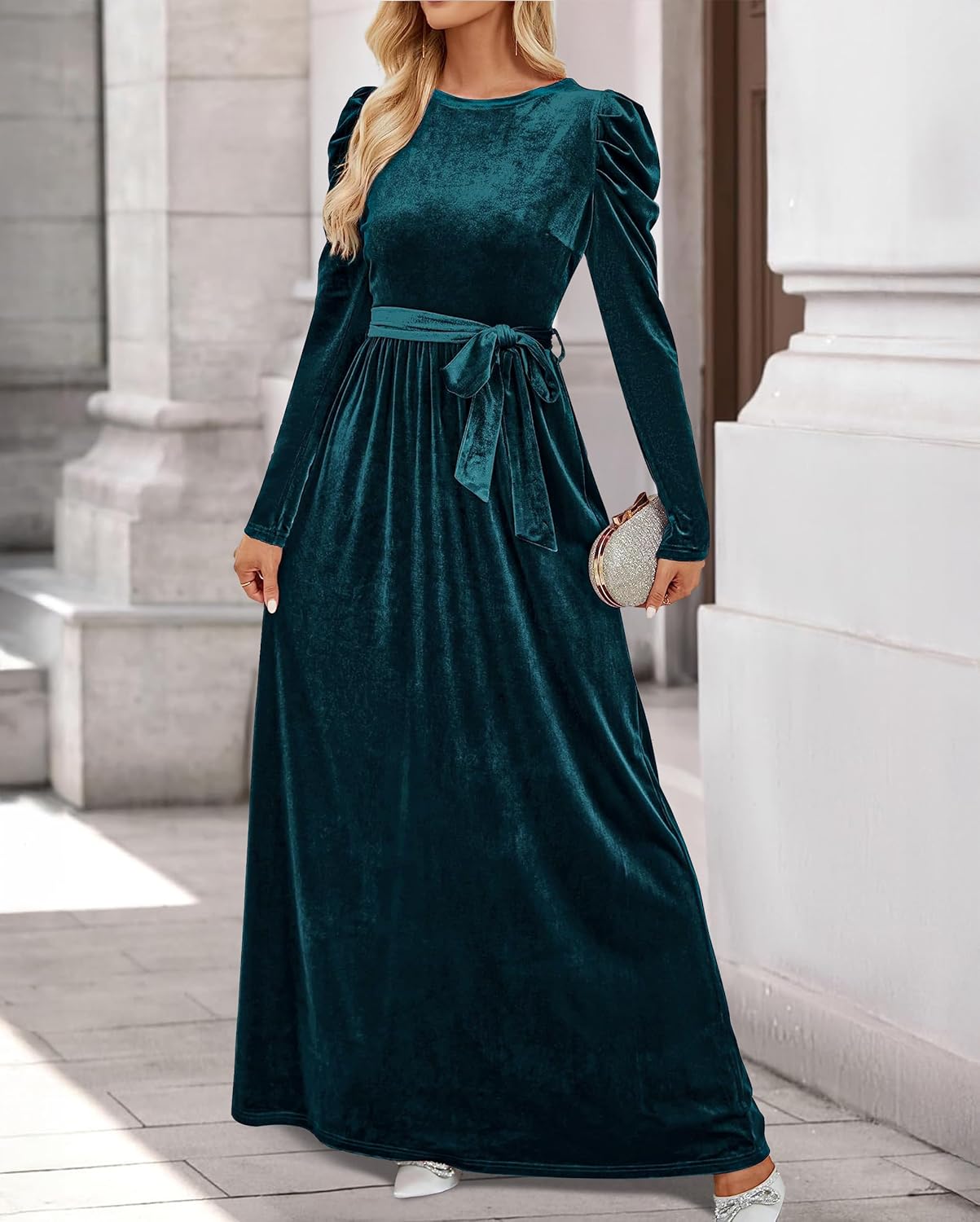 ZESICA Women's Velvet Maxi Dress Fall 2026 Long Puff Sleeve Crew Neck Elastic High Waist Cocktail Party Bridesmaid Dresses - Image 8