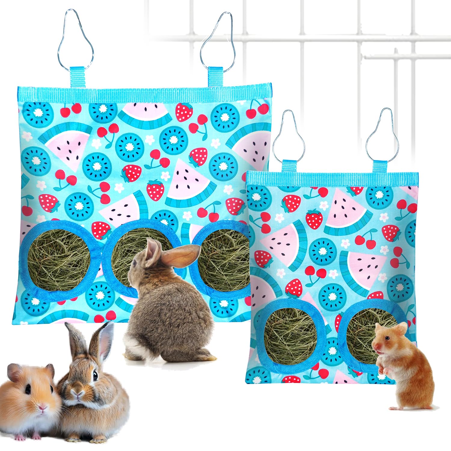 2 Pcs Rabbit Hay Feeder Bag, Hanging Hay Feeder for Small Pets - Guinea Pigs, Rabbits, Chinchillas, Hamsters - Washable Bunny Hay Bag with 2&3-Hole Design (Watermelon)