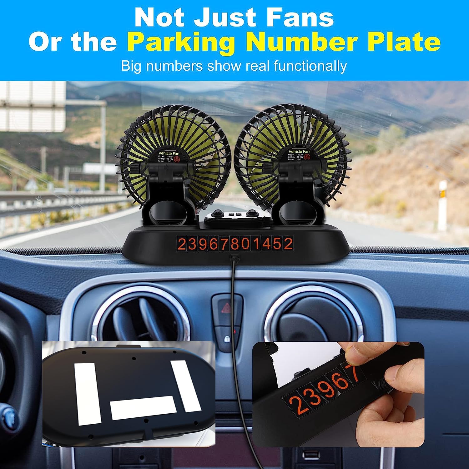 Ventilateur de Voiture à Double Tête 12v 9.6W, Rotation à 360 Degrés à 3 Niveaux de Vitesse Ventilateur de Refroidissement de Voiture USB Avec Plaque D'immatriculation pour Voiture, SUV, Camping-car