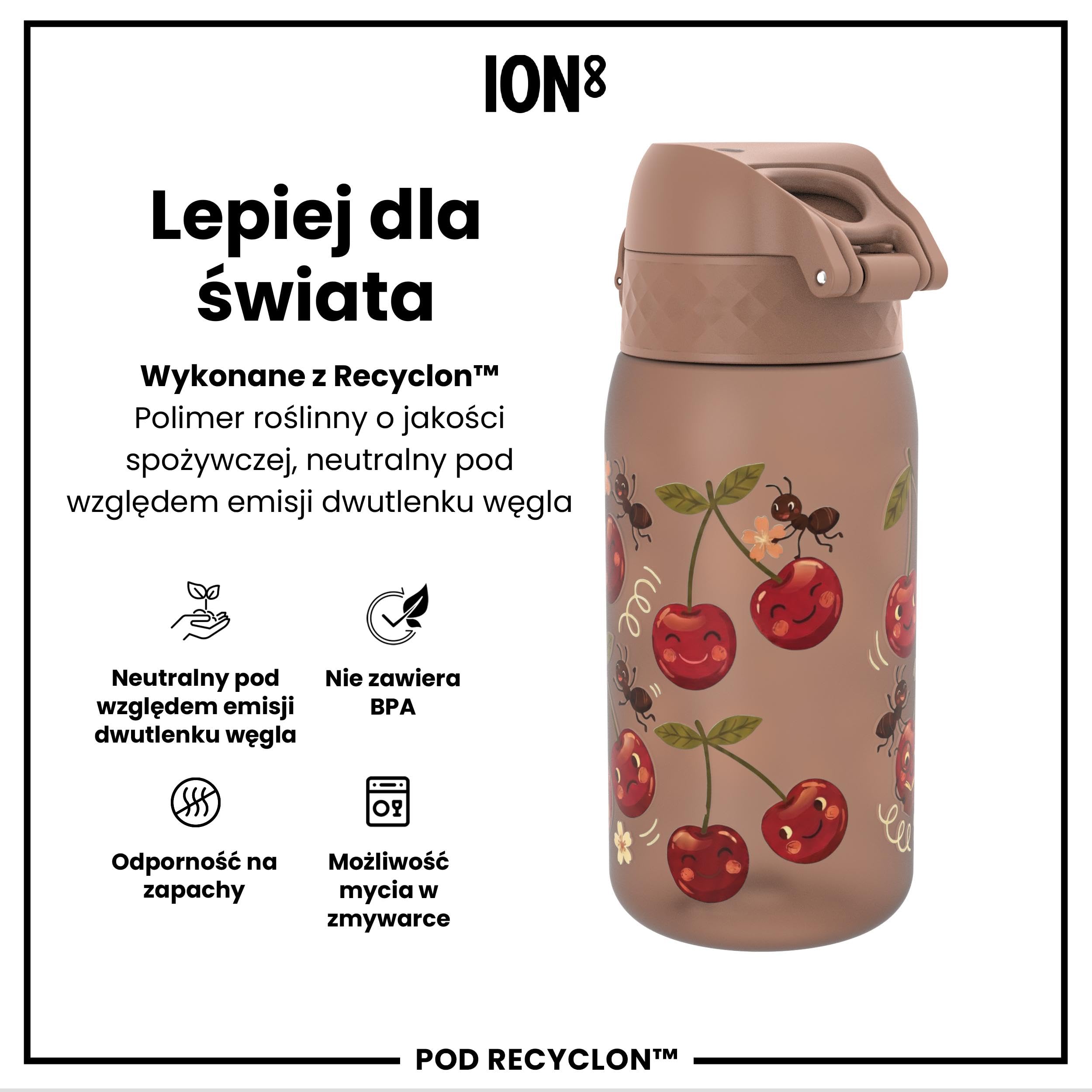 ION8 Butelka dla Dzieci, 350 ml/12 oz, Szczelna, Łatwa do Otwarcia, Bezpieczny Zamek, Można Myć w Zmywarce, Bez BPA, Uchwyt do Przenoszenia, Łatwa do Czyszczenia, Bezwonny, Wiśnie