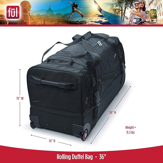 ful Rolling Duffel Travel Luggage Bag with Wheels, Black, 36