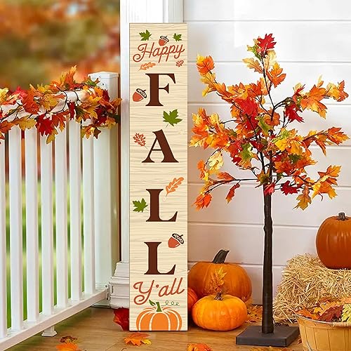 Letrero de otoño con texto en inglés "Happy Fall" para colgar en la puerta delantera, de madera, vertical, para interiores y exteriores, para