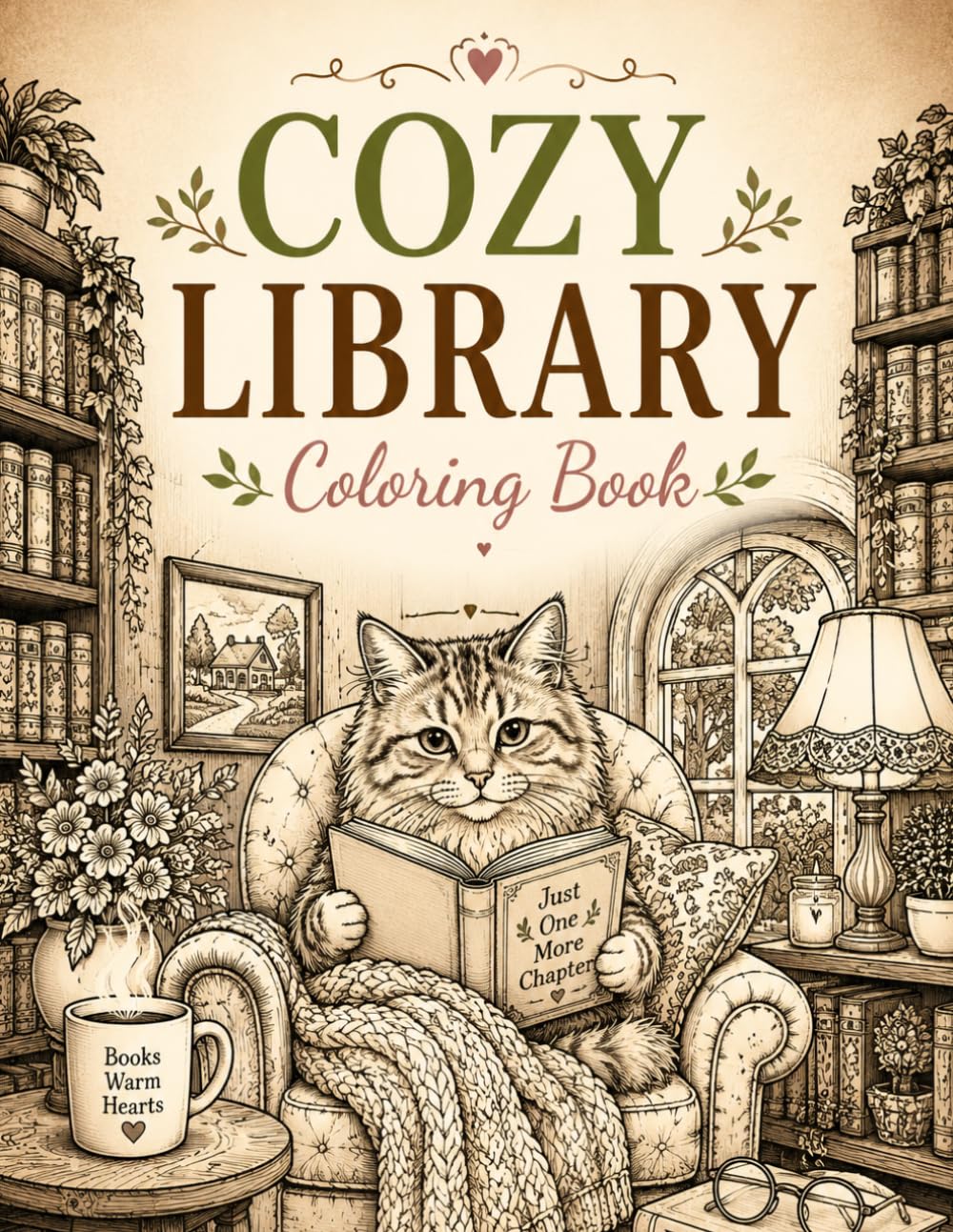 Cozy Library Coloring Book: Charming Cats, Vintage Reading Nooks, Cottagecore Bookshops, and Quiet Bookworm Scenes for Adult Stress Relief
