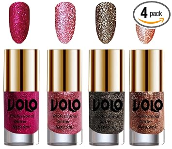 VOLO Nail Polish, Shimmery Finish, Magenta Glitter, Pink Glitter, Dark Grey Glitter, Peach Glitter, 39.6 Ml