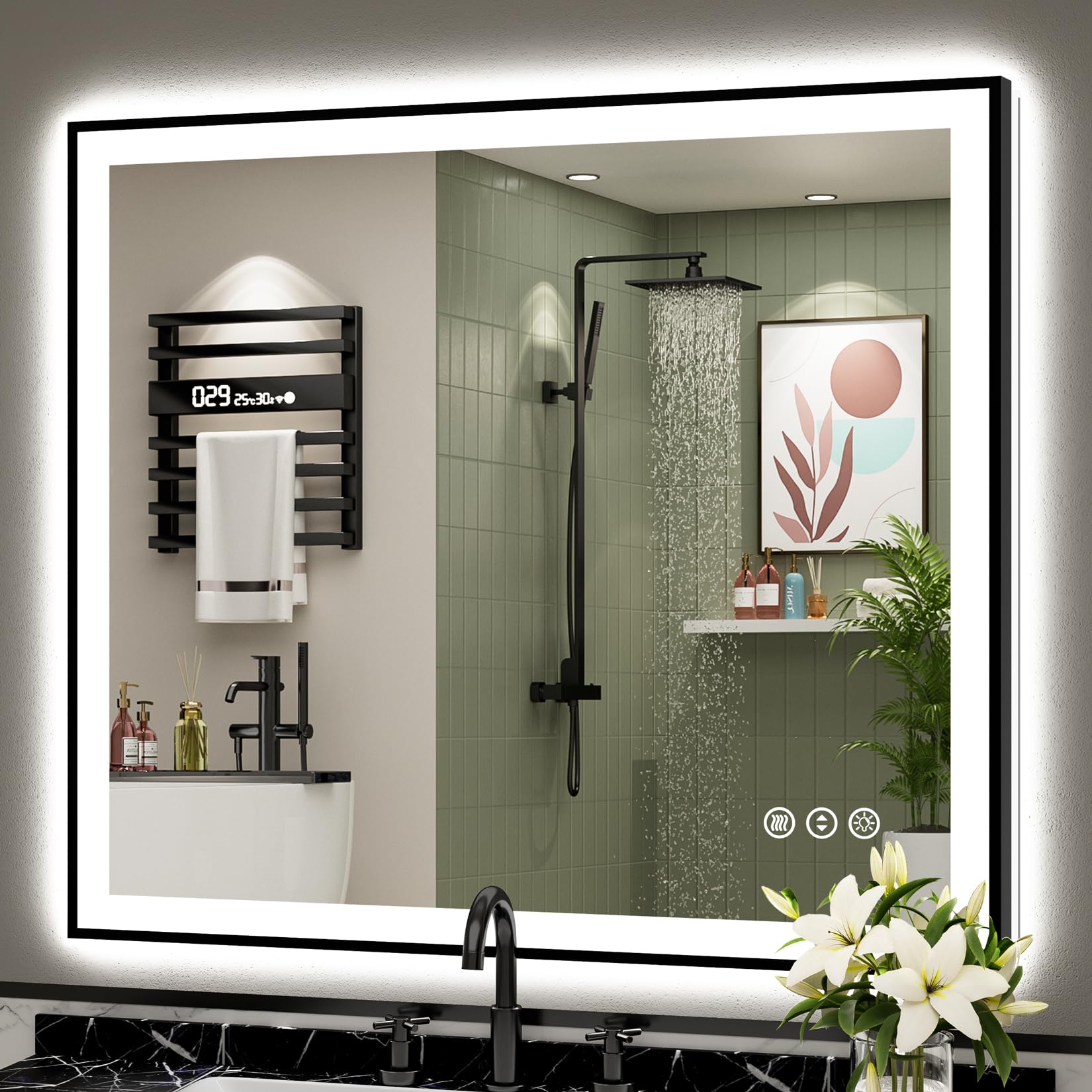 40x38 Black Framed LED Bathroom Mirror Backlit &amp; Front Lit Anti-Fog | Lighted Vanity Mirror, Dimmable 3-Color Light, Memory, CRI95, Tempered Glass, IP54 Waterproof, UL Listed, Horizontal/Vertical