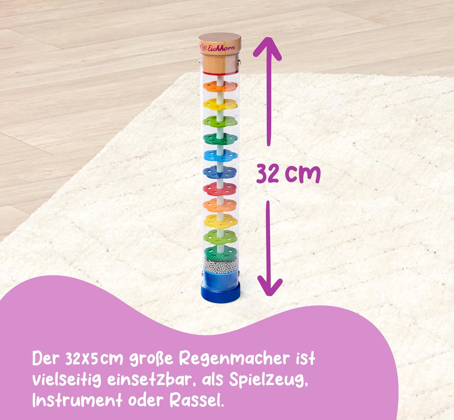 Eichhorn Wooden Rainmaker - Sound and Sensory Toy for Toddlers with Rattle Effect, 32x5 cm, Encourages Auditory and Motor Development, Beech Wood and Plastic, Age 1+