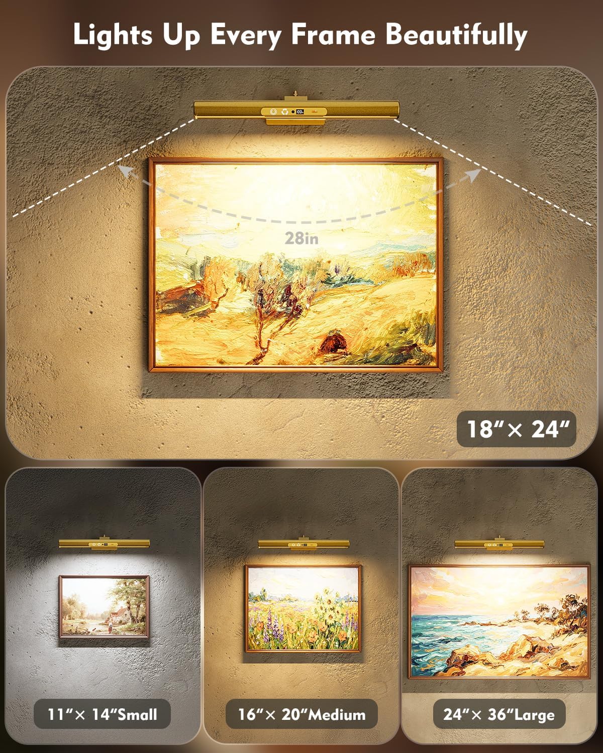 Picture Light for Wall, 6000mAh Rechargeable Wireless Wall Lights Remote, 13'' Dimmable LED Art Painting Light with 3 Color Temps, Display for Gallery, Living Room, Hallway (Gold, 1Pack)