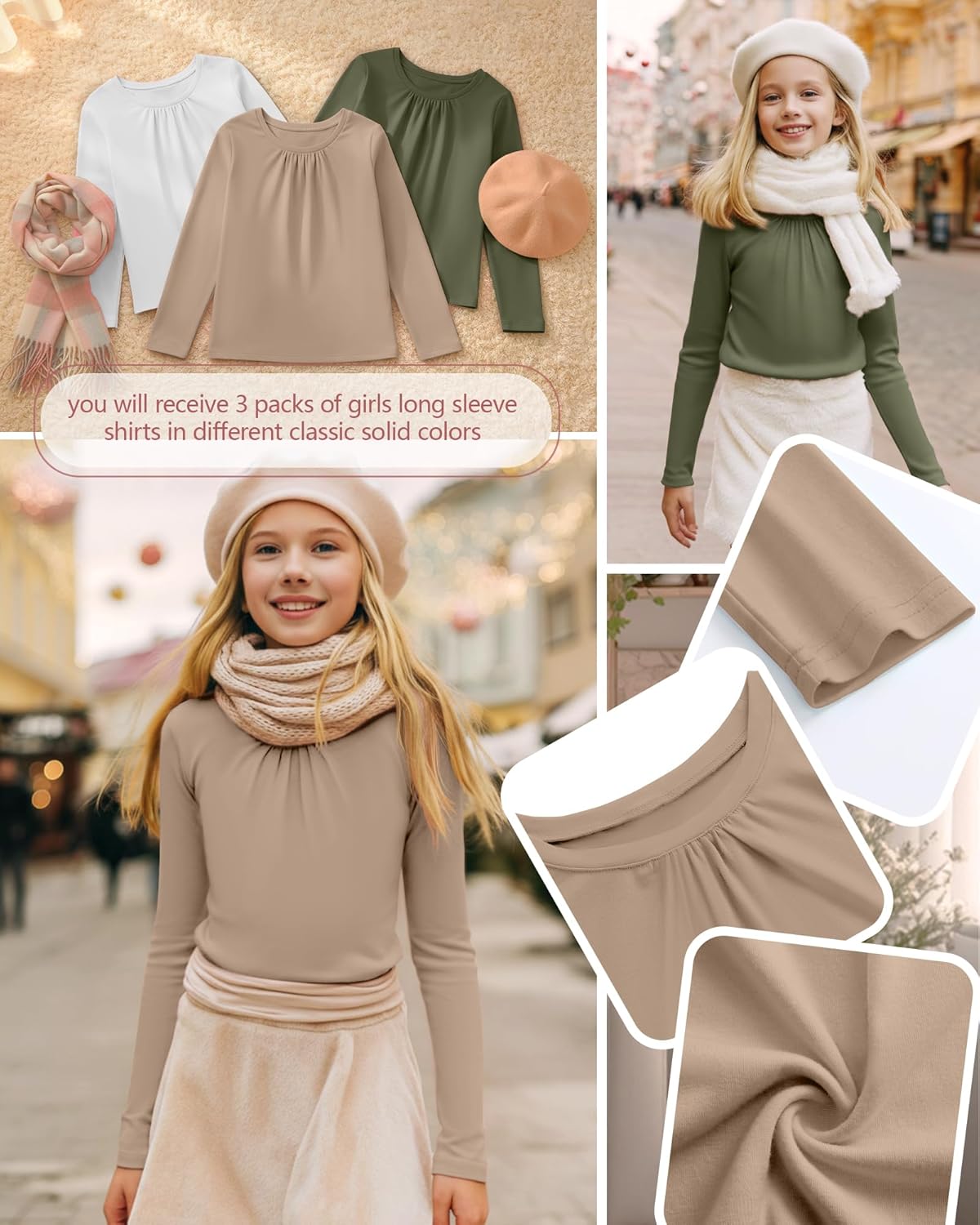 3 Pack Girls Long Sleeve Shirts Basic Casual Tops Loose Fit Kids Crewneck Solid Soft Layering Shirts - Image 2