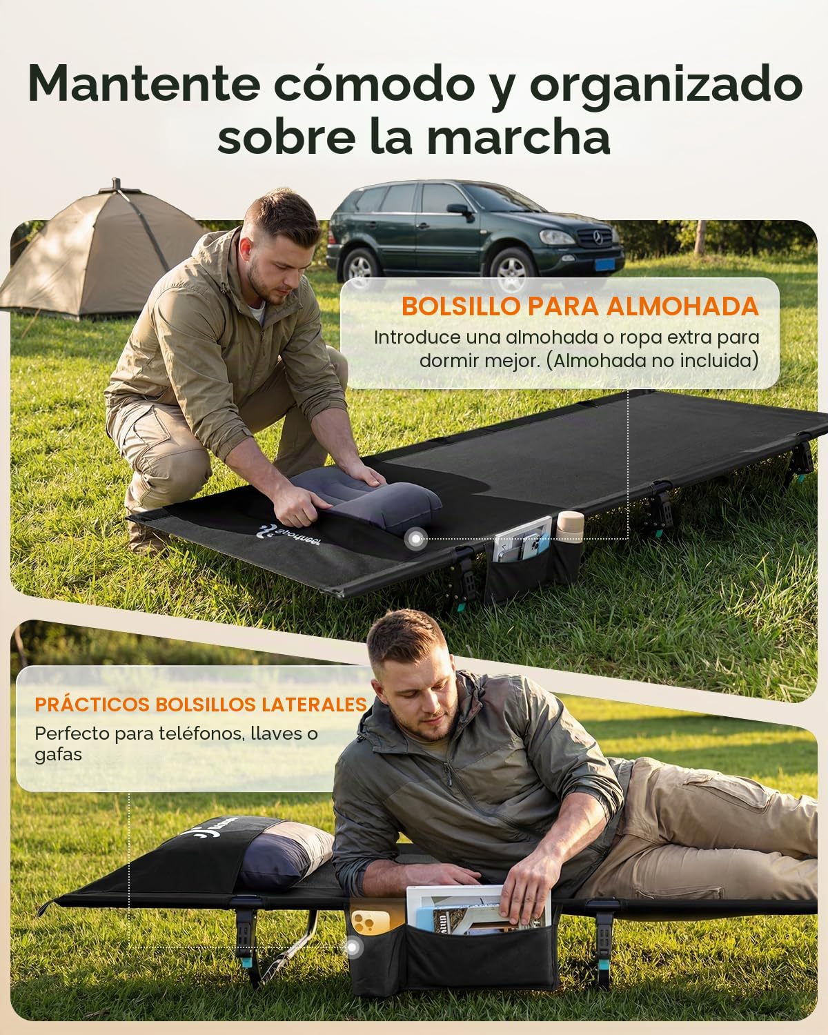 Sportneer Cama de campo plegable, 70/80cm Ultra Ancho XXL Cama de camping plegable, ligera, hasta 150kg para acampar, senderismo, viajes con mochila, camping