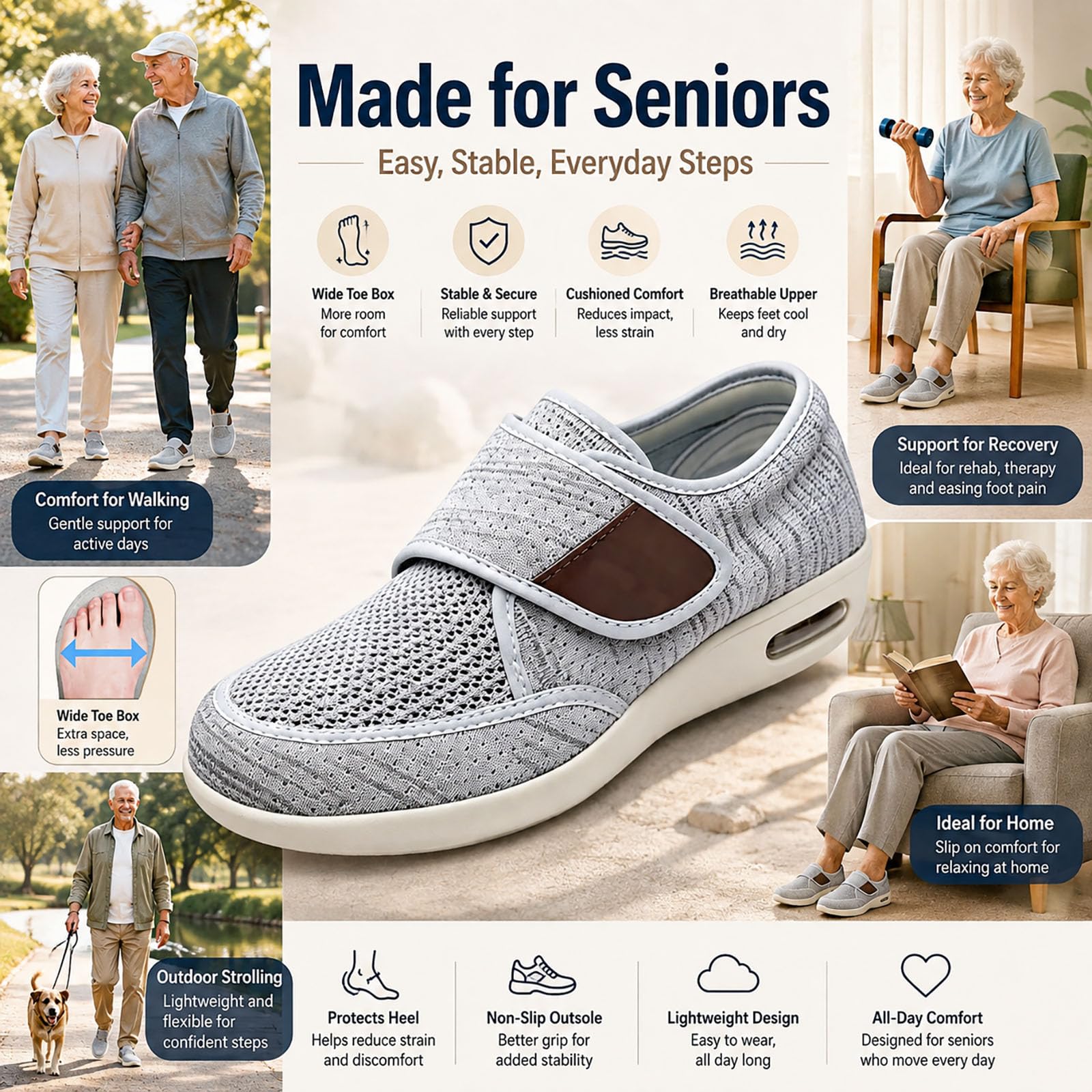Generisch Men's Diabetic Shoes, Seniors with Fastening for Swollen Feet