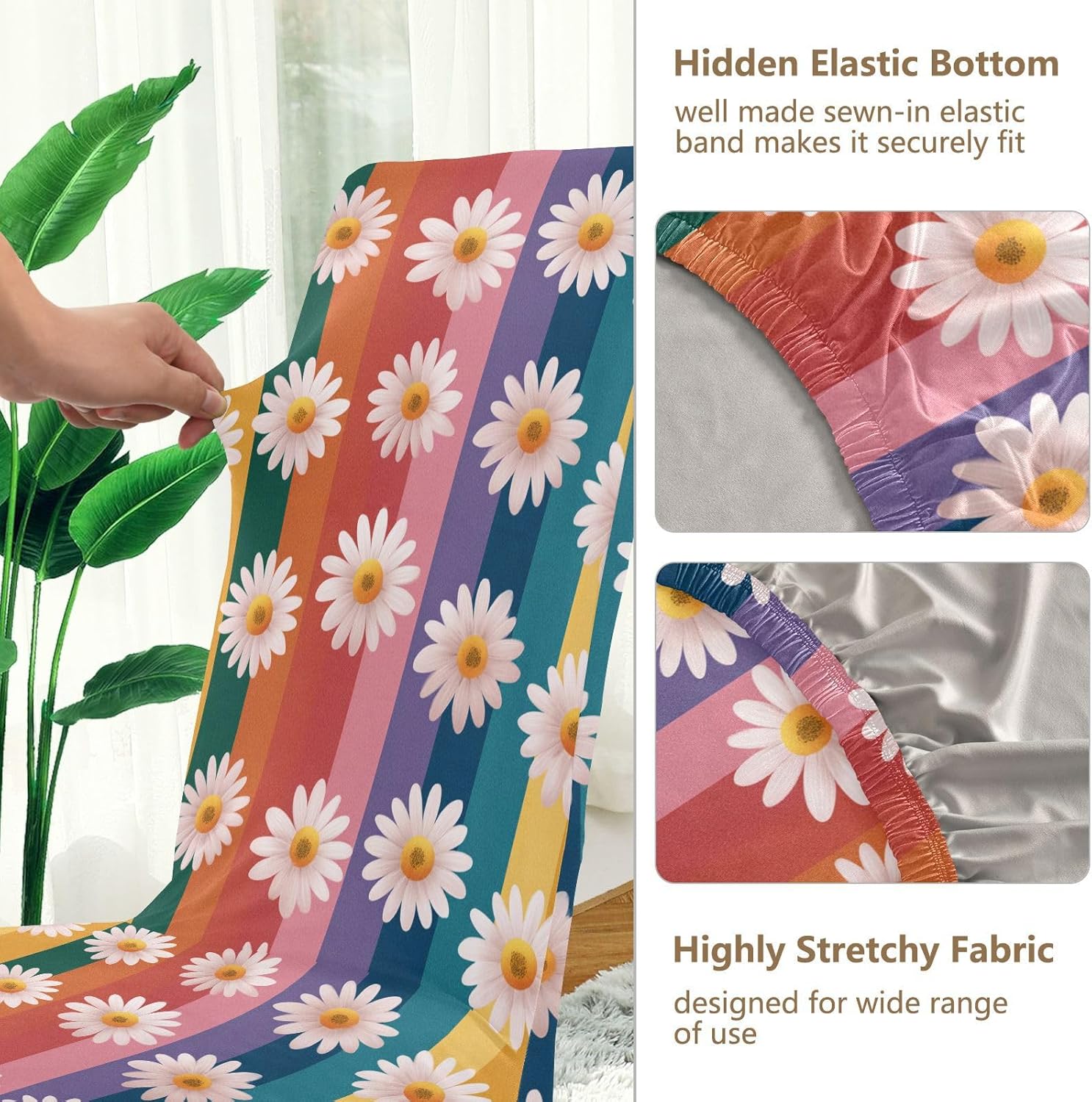 ALAZA Chair Covers for Dining Room, White Daisy on Colorful Rainbow Theme Stretch Chair Cover Sets Chair Protector Removable Washable for Ktichen Restaurant Hotel