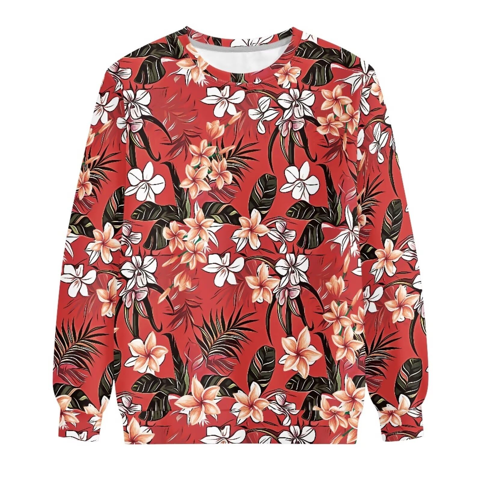 Amzbeauty Chandails hawaïens rouges à col ras du cou pour femme - Tunique à manches longues - Coupe ample, Imprimé tropical, XXL