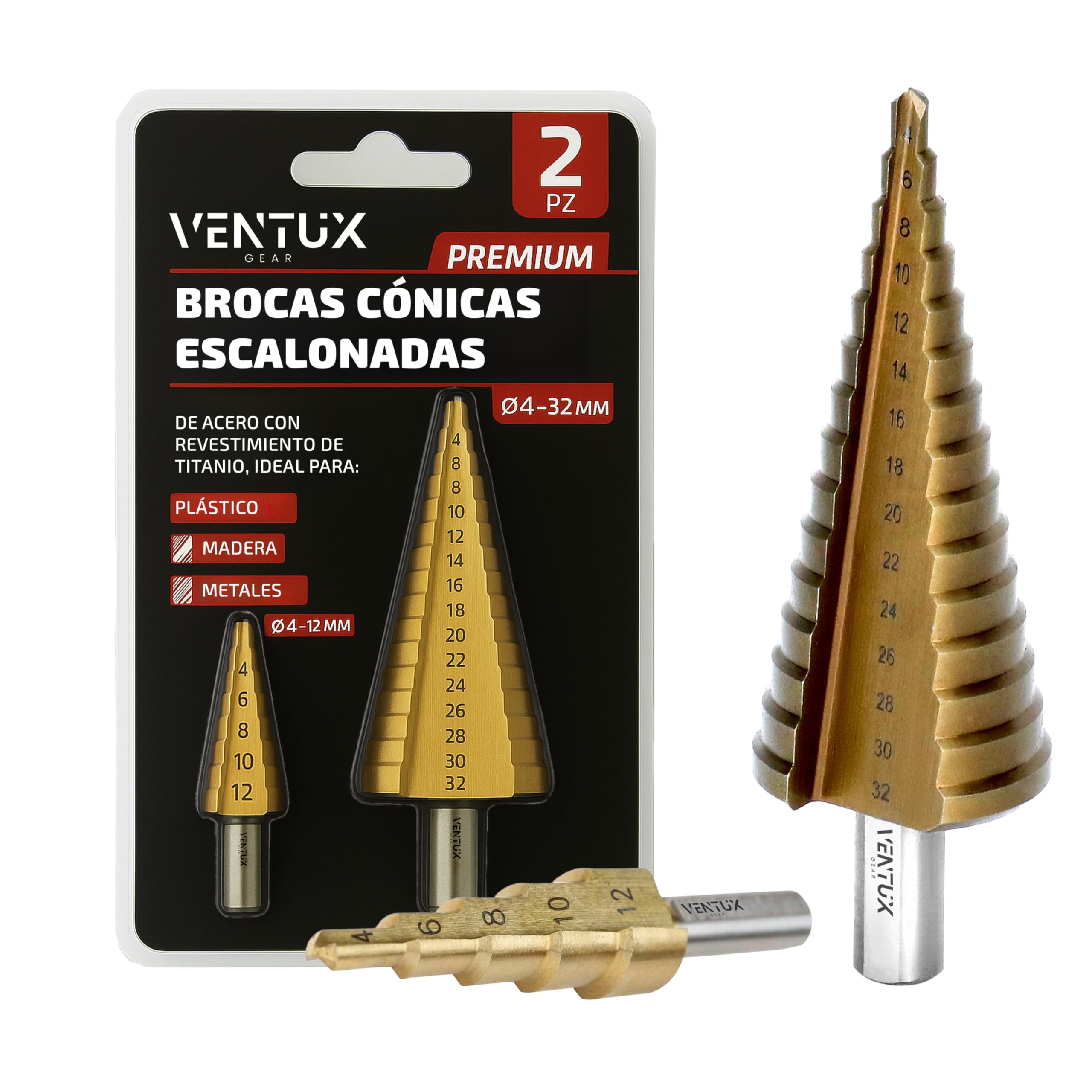 Juego 2 Brocas Cónicas Escalonadas Ø4-32mm y Ø4-12mm HSS Titanio – Taladro Madera, Plástico y Metal