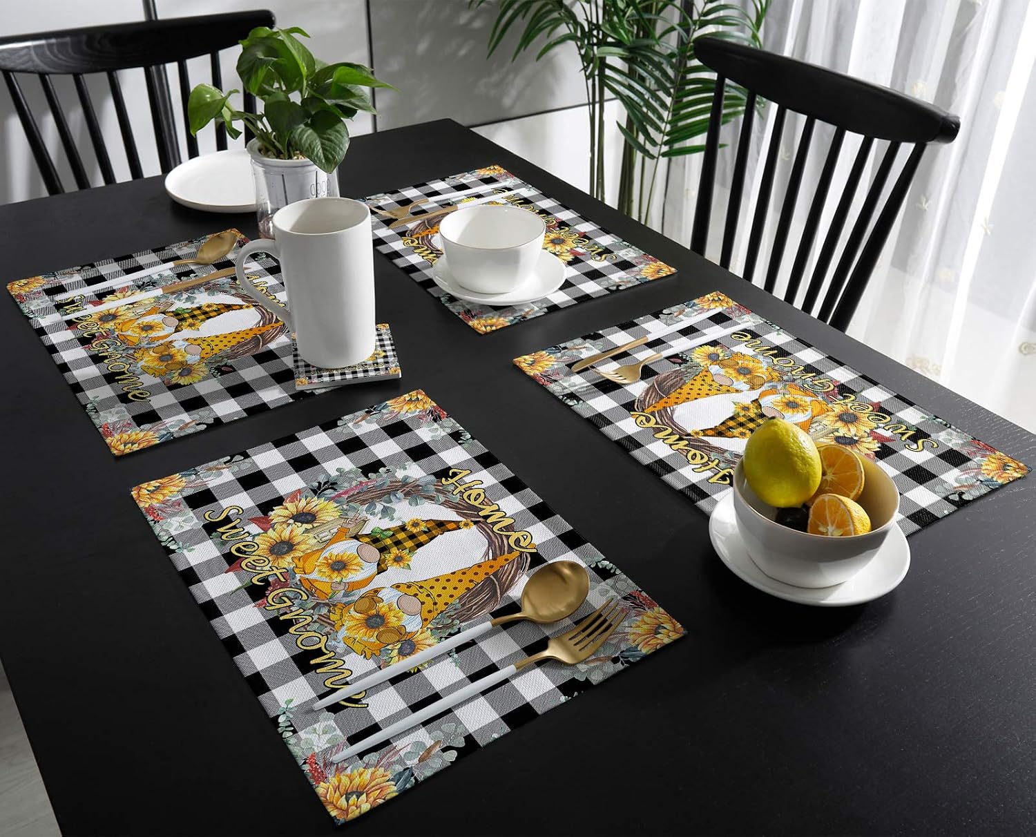 Summer Yellow Flowers Place Mats 4 Pieces, Heat Insulation Stain Proof Placemats for Dining Table Durable Cotton Linen Kitchen Table Mat Placemat, Sunflower Gnome Wreath Plaid Polka Dot