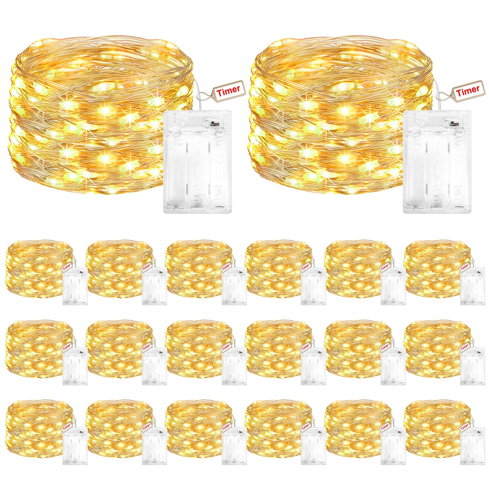 Peasur Guirlande LED à Pile Minuterie Lot de 20, 3m 30 LED Guirlande Lumineuse Pile, 2 Modes/Étanche Guirlandes Lumineuses pour Noël Halloween Chambre Interieur Mariage Plate Décoration, Blanc Chaud