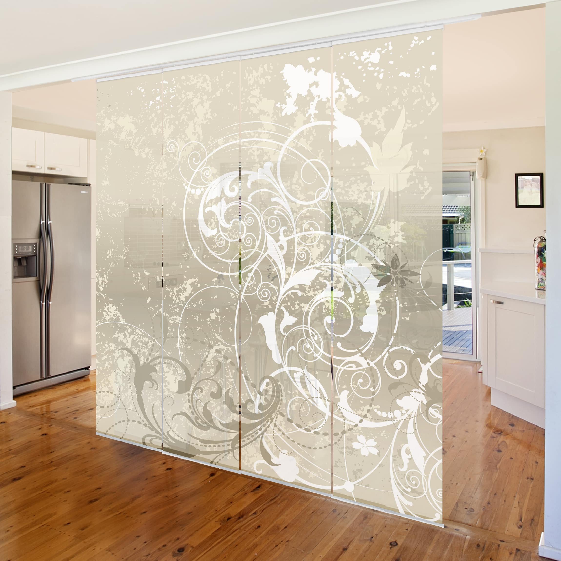 Schiebegardine halbtransparent 60er Paneel Klett Muster Textil lichtdurchlässig - Ornamente Modern Flächenvorhang Wohnzimmer Schlafzimmer 1542 (240x250 cm - 4er Set)