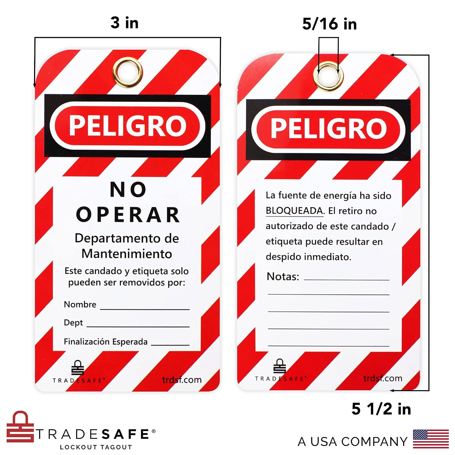 TRADESAFE Spanish Lockout Tagout Tags - Peligro No Operar, 30 Danger Do Not Operate Tags with 30 Zip Ties, Premium 32 mil Vinyl, OSHA Compliant Loto Tag for Lock Out Tag Out, Equipment Repair