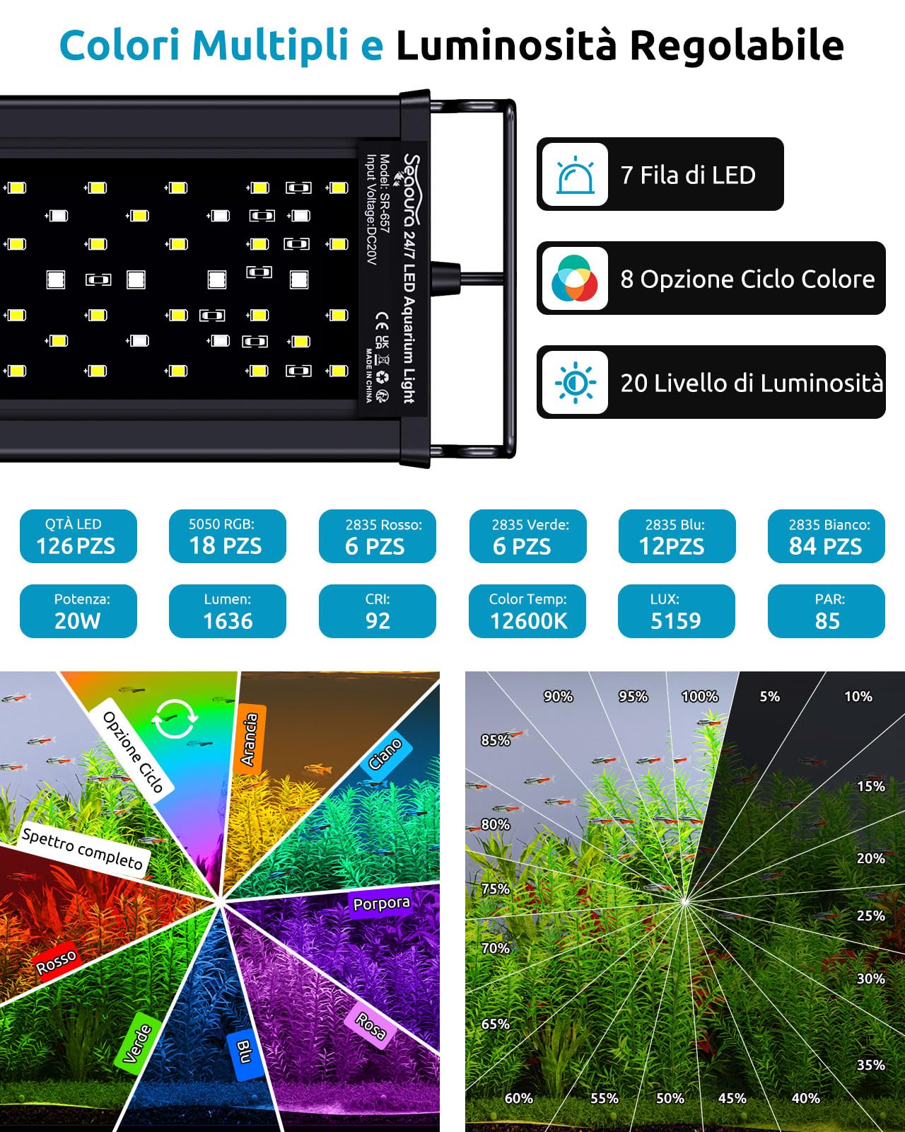 SEAOURA Luce per Acquario LED a Spettro Completo con Timer, 8 Colori, 20 Luminosità, 45-60cm
