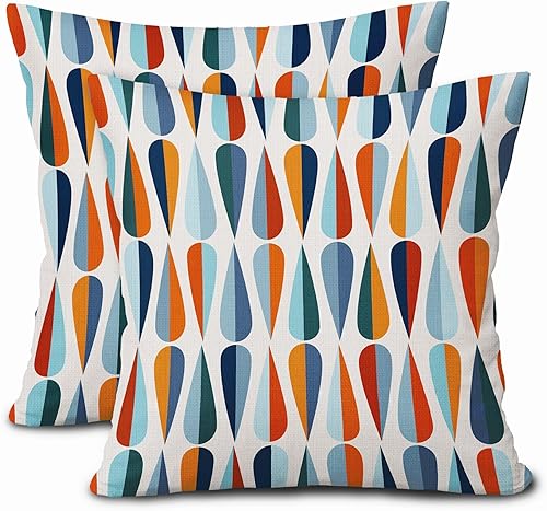 Miniatura 1 de aportt Juego de 2 fundas de almohada de mediados de siglo de 16 x 16 pulgadas, cuadradas, con forma de gota azul y naranja, modernas, retro, algodón
