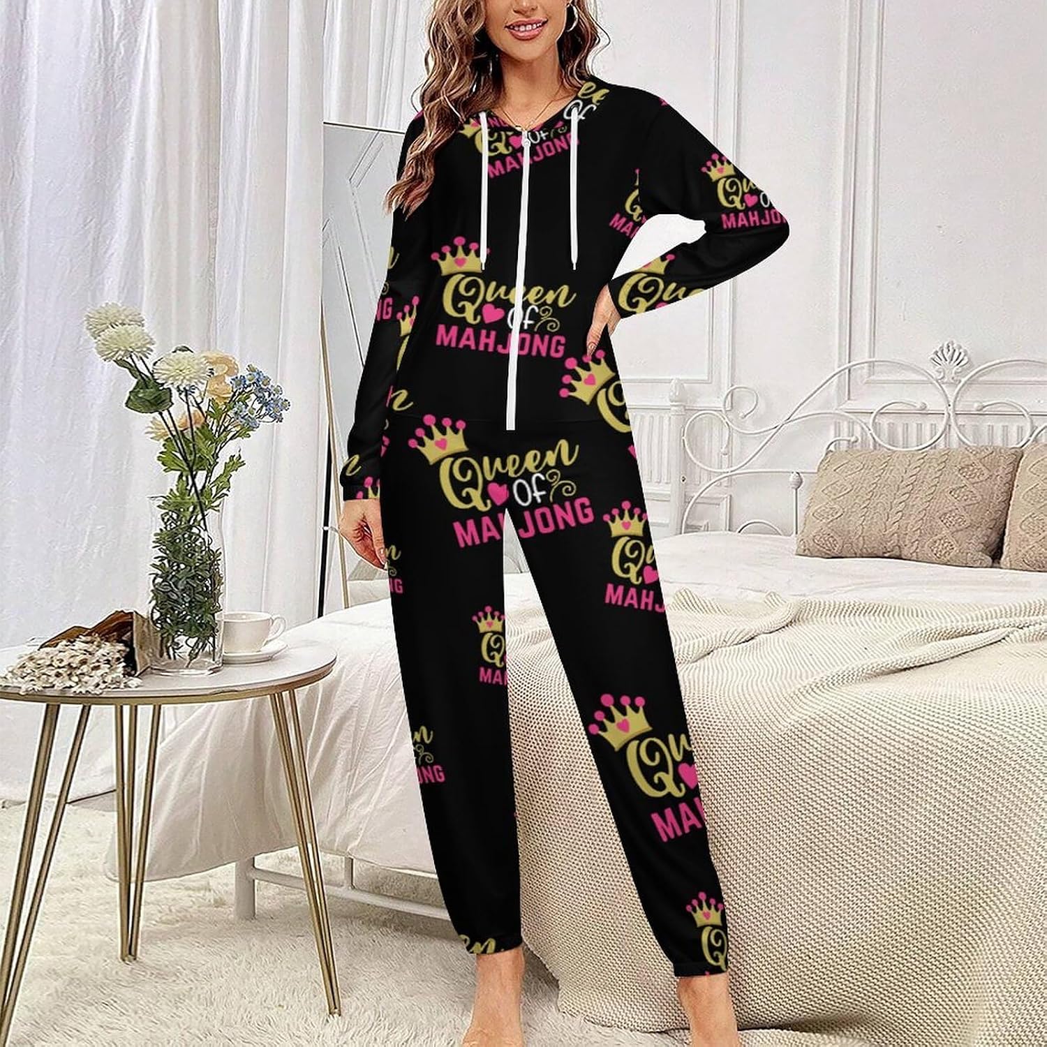Mahjong Queen Adult Pajamas Onesie with Hood Pocket Jumpsuits One Piece Sleepwear