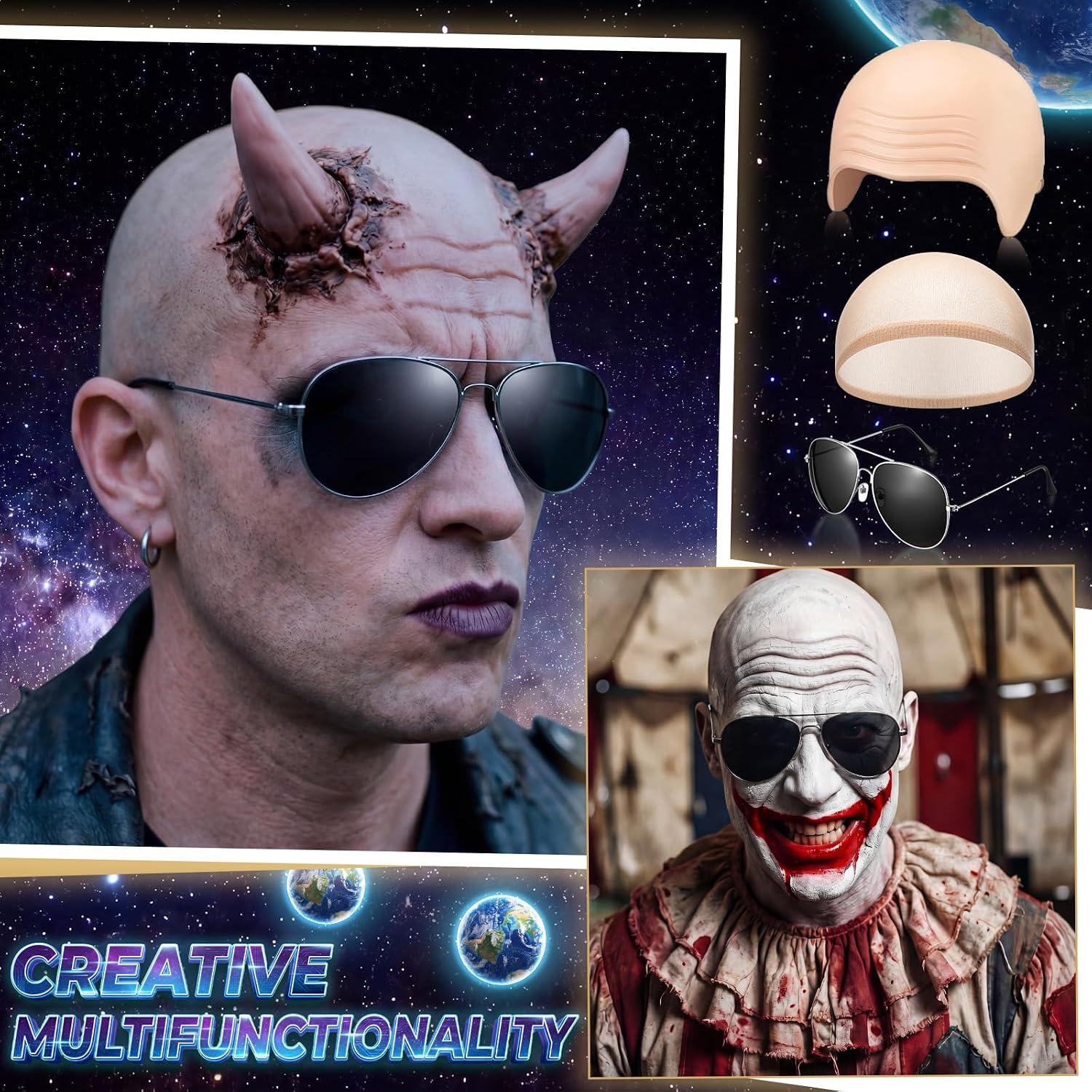 Thiccywoov 3 Pcs Bald Cap with Sunglass Set Makeup Bald Wig Cap Halloween Cosplay Party Costume Accessories for Men Women Adults