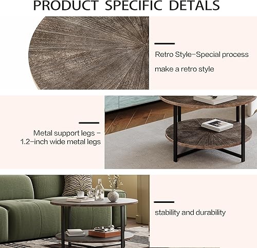 Miniatura 6 de Mesa de centro redonda con almacenamiento, 31.5 pulgadas, mesa central redonda rústica de madera de 2 niveles para sala de estar, mesas de té