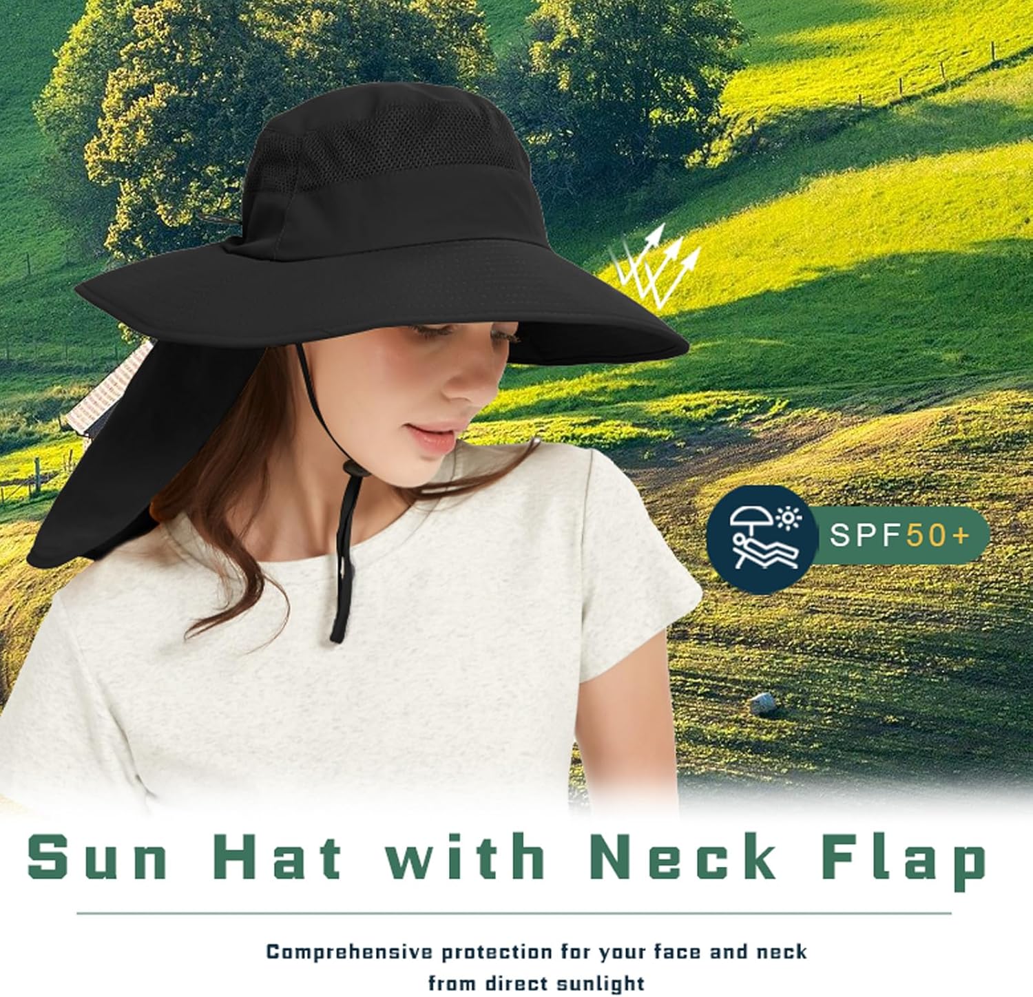 Fishing Hat Breathable Wide Brim Sun Hats with Neck Flap Bucket Hat Outdoor Safari Hat for Men Women UPF 50+ Sun Protection - Image 2