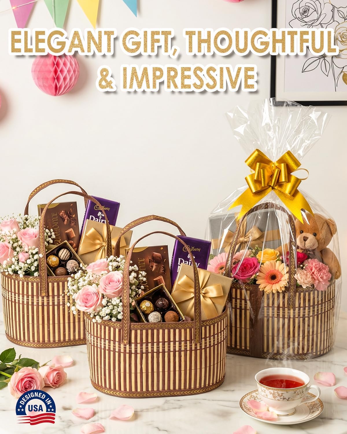 6 Set Baskets for Gifts Empty, Large Woven Bamboo Basket with Handle, Includes 6 Gold Bows, 6 Clear Bags & 6 Greeting Cards, Perfect for Baby Baptisms, Mother's Day, Weddings & Birthdays