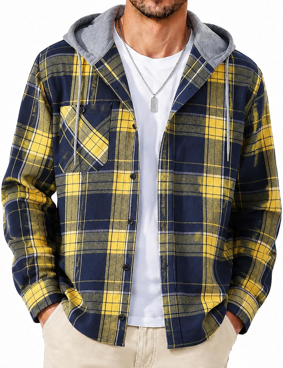 SCODI Mens Flannel Hoodie Shirt Casual Button Down Plaid Long Sleeve Shirts