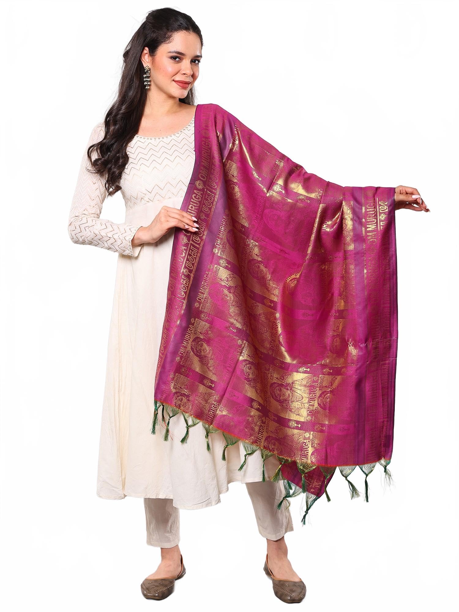 exotic india Women's Art Silk Prayer Shawl with with Woven Lord Kartikeya and Om Muruga Mantra Design Pooja Stole, Scarves-picture-38