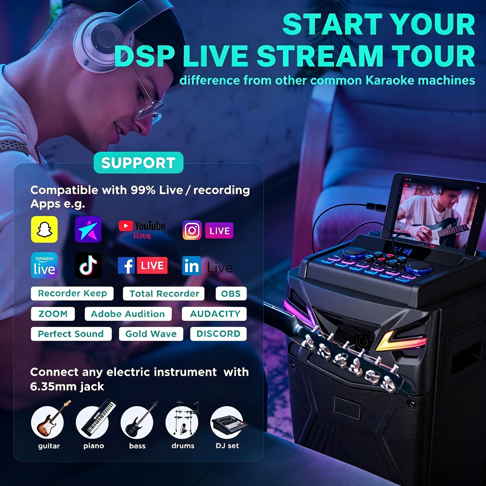 DSP Altavoz Karaoke Portátil, 2 Micrófonos Inalámbricos, Sistema PA 10", Auriculares incluidos, Luz de Fiesta DJ/Efectos de Sonido/Bluetooth/Luces DJ/FM/USB-C GTSK10-1