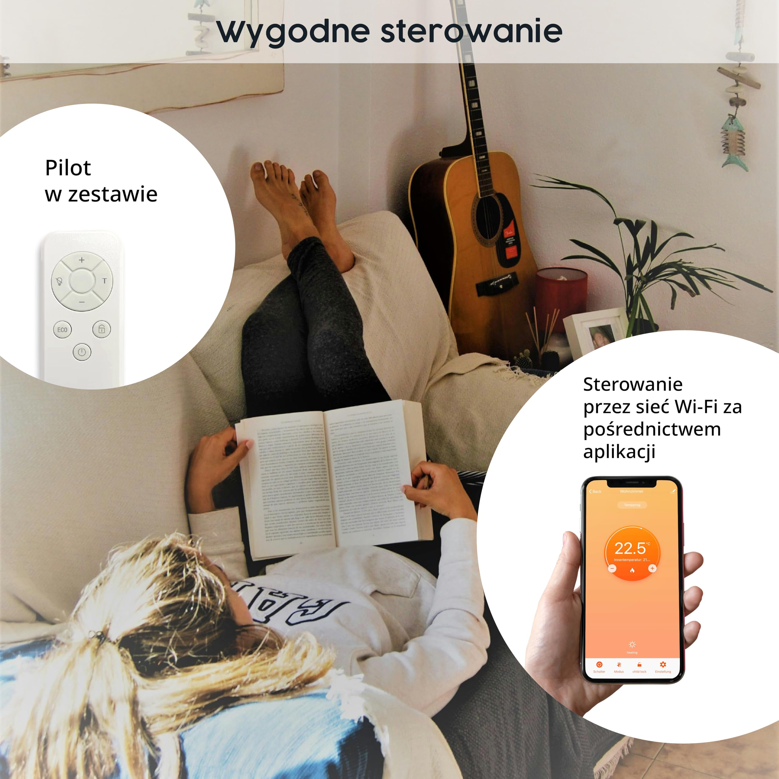Könighaus Inteligentny grzejnik na podczerwień dual 800 W z kontrolą Wi-Fi przez aplikację i pilot, w zestawie nóżki z wieszakiem na ręczniki oraz zestaw montażowy Kolor: Biały