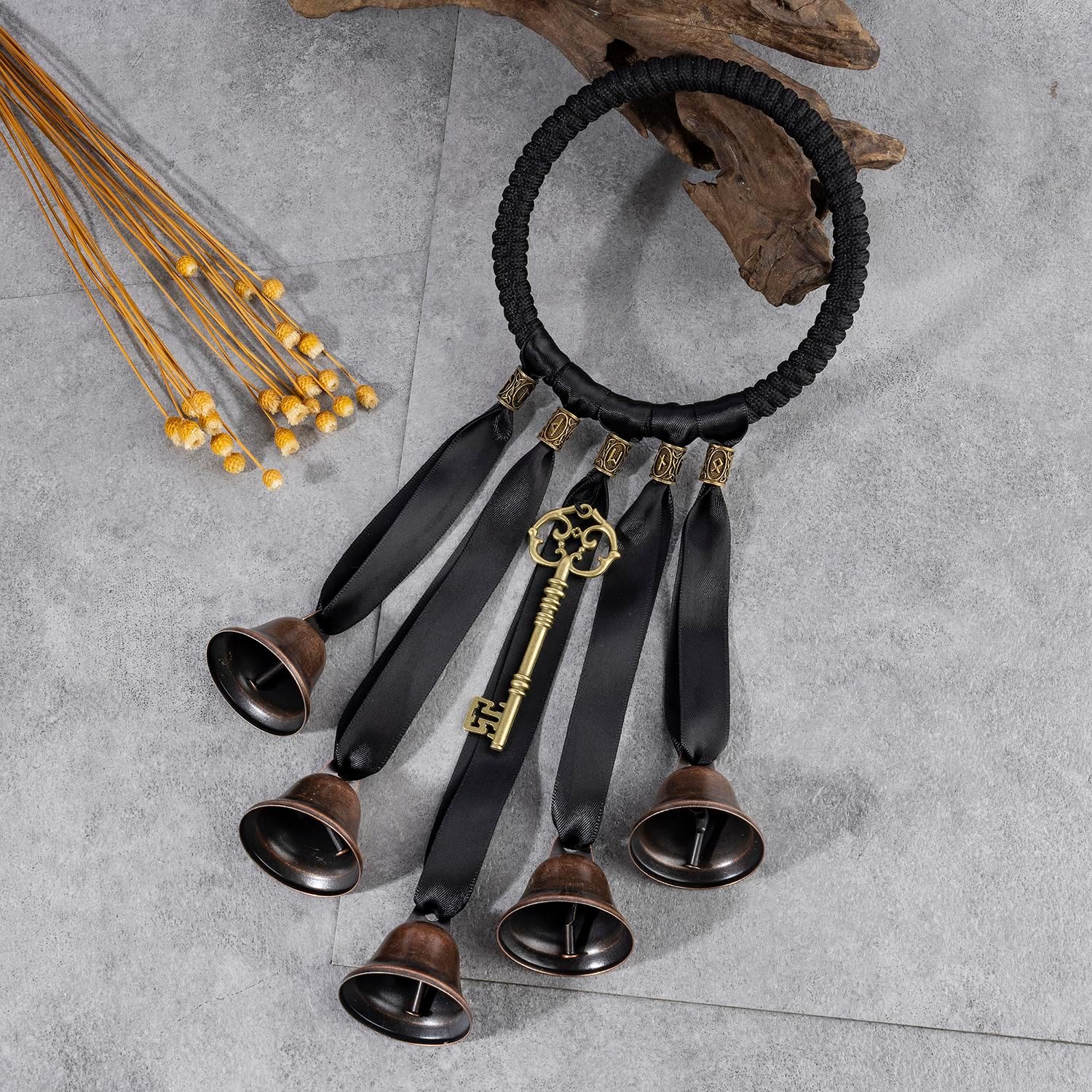 Witch Bells for Door Knob,Handmade Black Witches Bell Hanging Decor, Vintage Brass Bells with Magic Key, 12.6 inch Spiritual Wind Chime for Home Protection, Boho Decor (Retro Red)