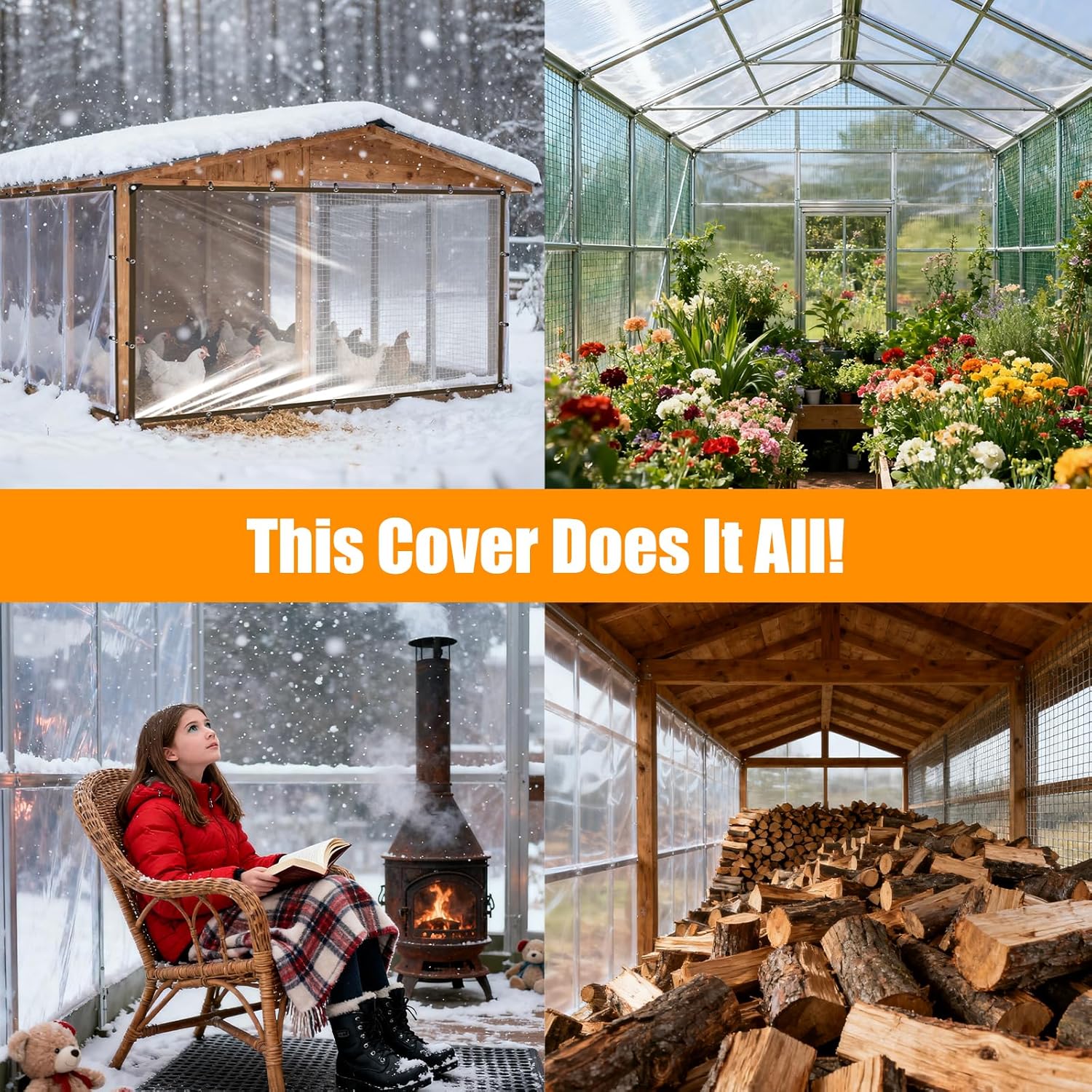 Chicken Coop Cover for Winter, Waterproof Durable Tarp with Elastic Cords Rope, Easy Install for Large Cages Walk-in Runs,Chicken Coop Plastic Wrap for Winter