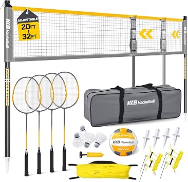 Haokelball Badminton Volleyball Net Set Combo Adjustable Width 20-32ft & Height, with 4 Rackets, Shuttlecocks, Volleyball, Boundary Line, Carry Bag Badminton Sets for Backyards, Outdoor, Grass