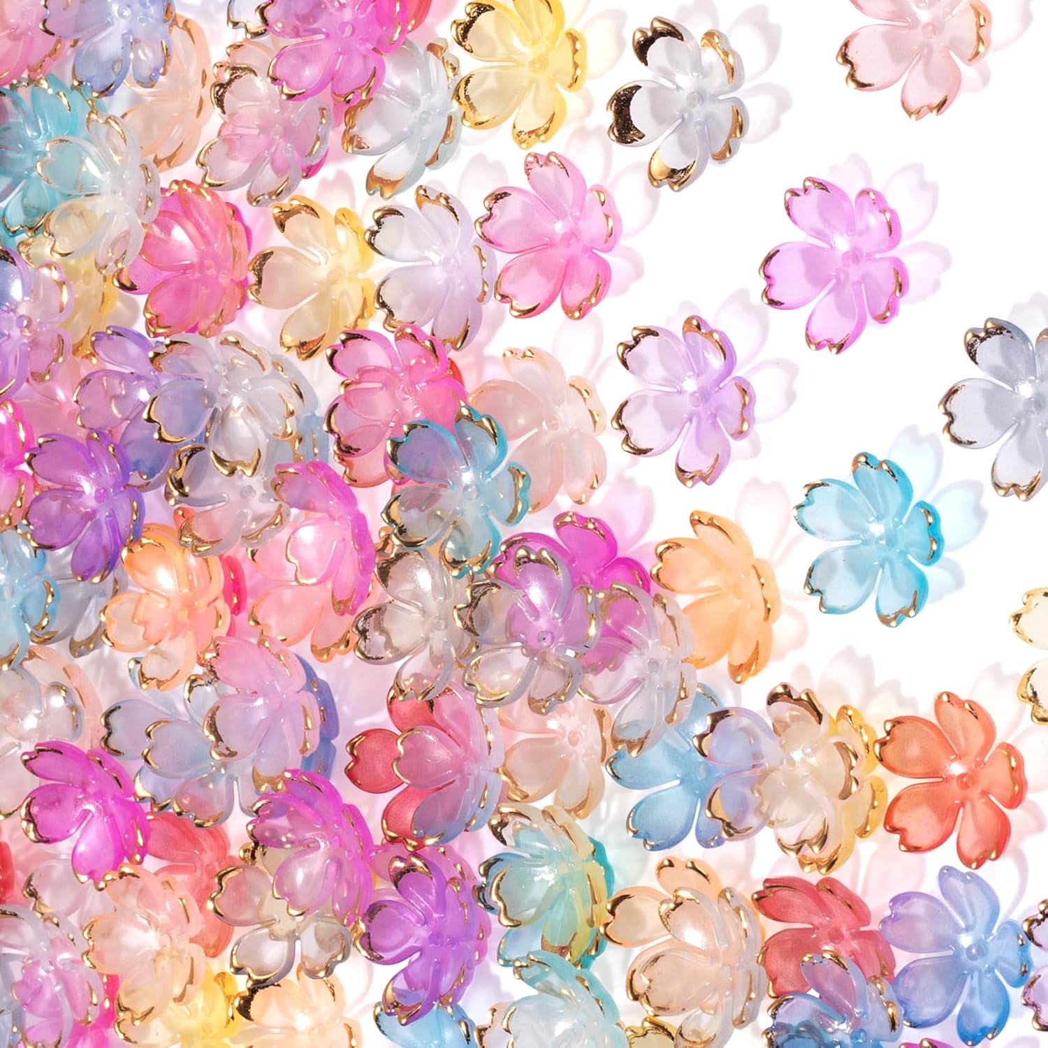100 Pcs Flower Beads for Jewelry Making, Gold-Plated Flower Charms, Cherry Blossom Beads, Acrylic Floral Beads for Crafts, Bracelets (Multiple Colors)