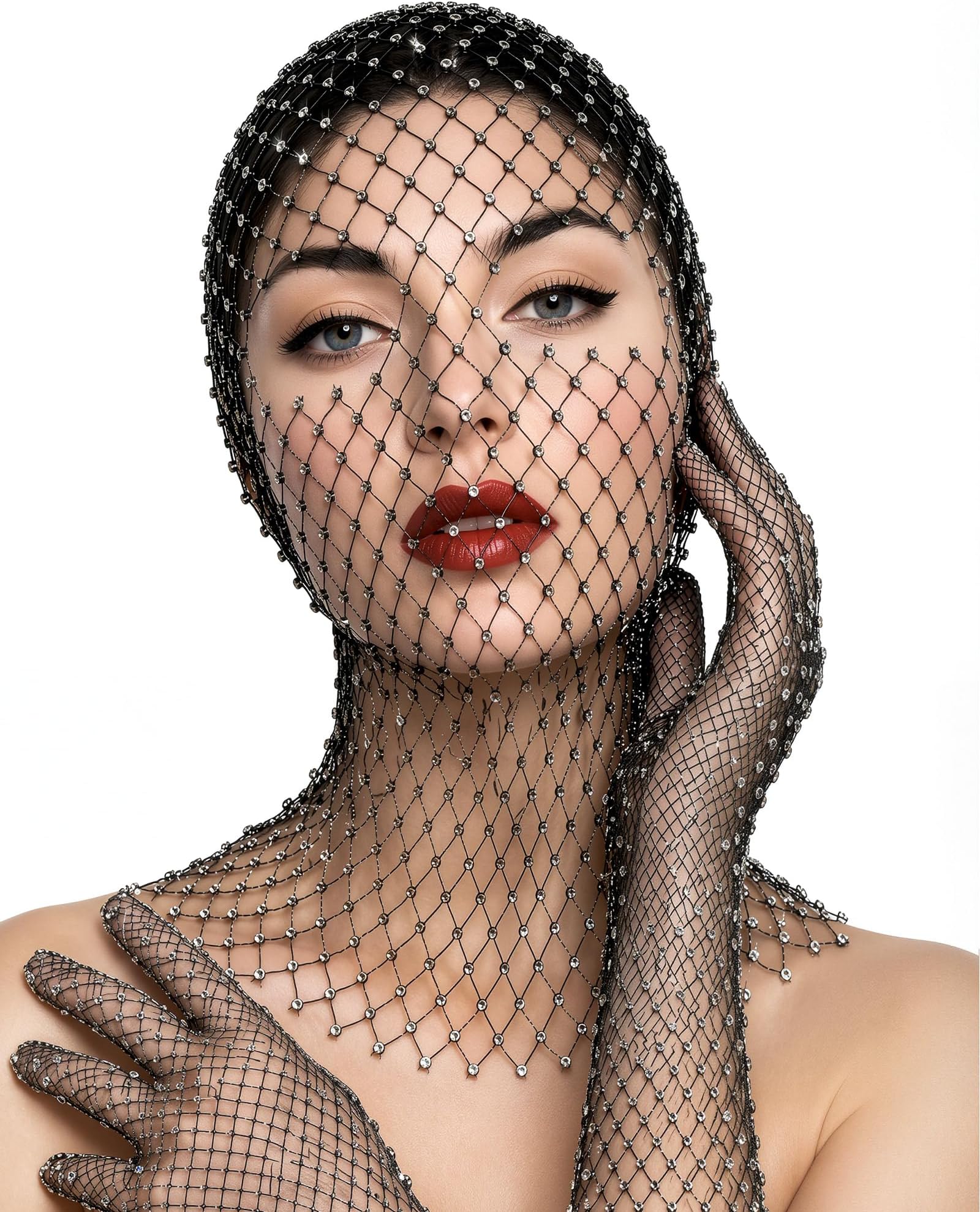 2 Piece Halloween Rhinestone Face Mask & Fishnet Gloves Set