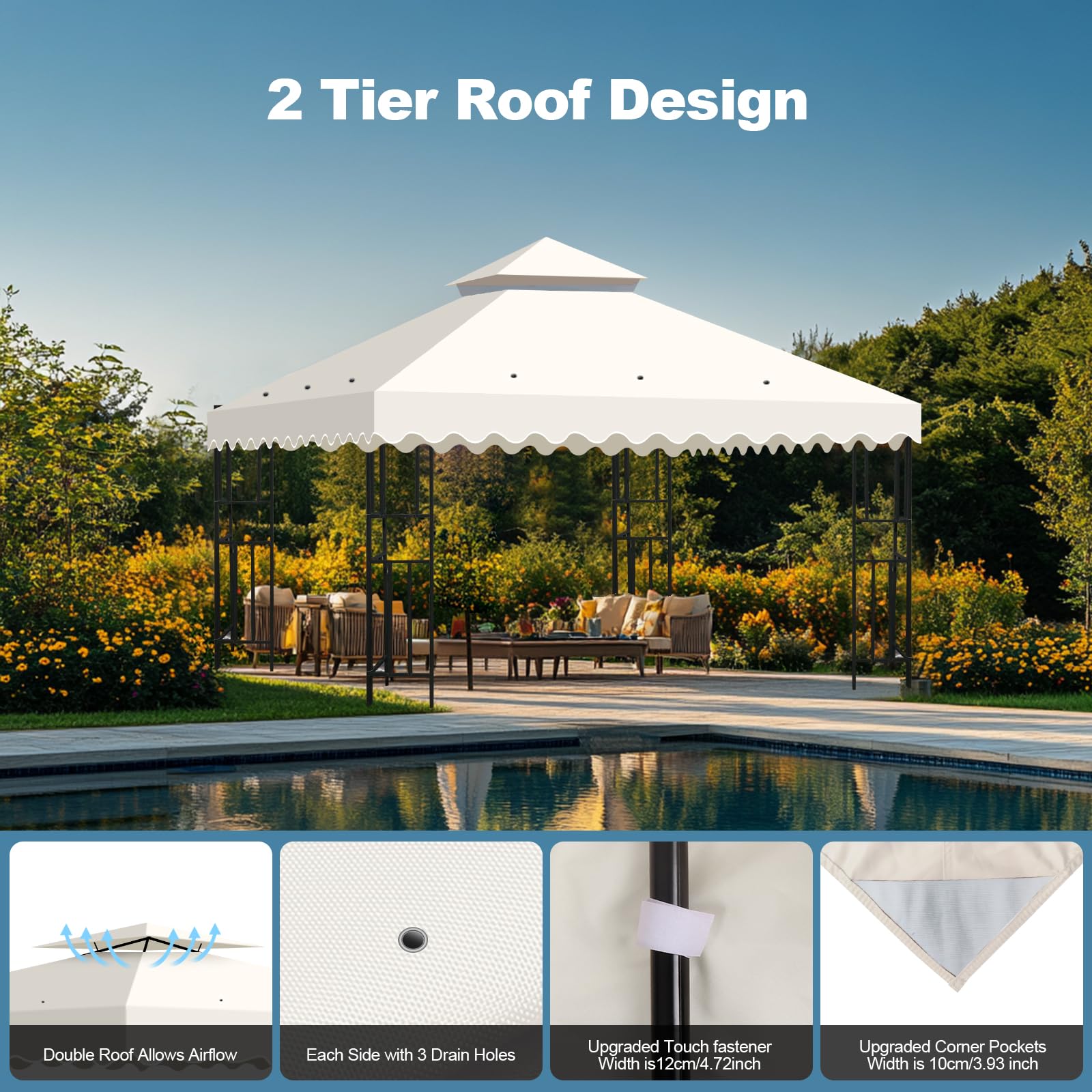Housse de Rechange Toit Imperméable 3x3m Protection UV pour Tonnelle Jardin Terrasse Camping Beige