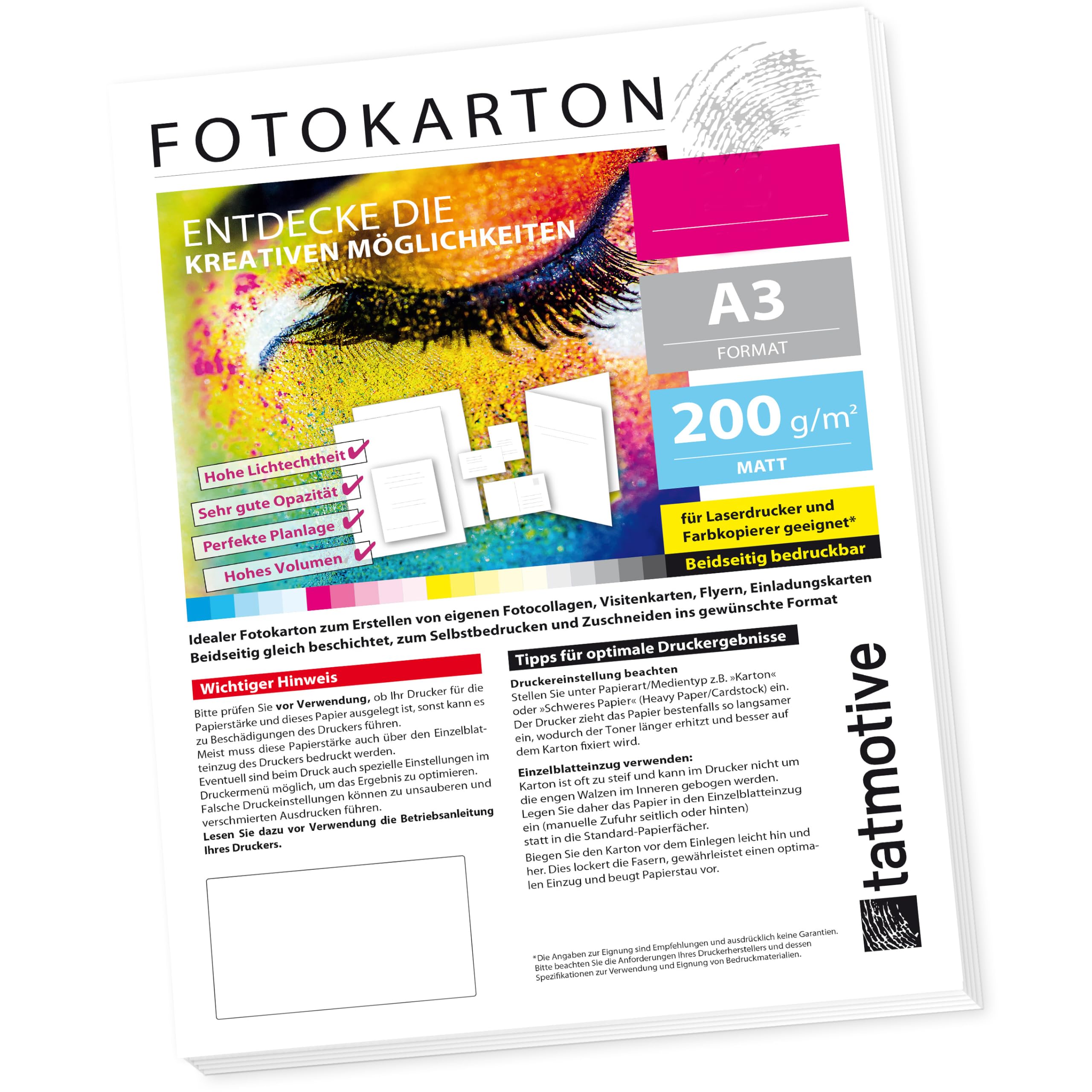 TATMOTIVE Fotokarton Fotopapier DIN A3 200g MATT weiß/Laserdrucker/Beidseitig bedruckbar / 250 Blatt