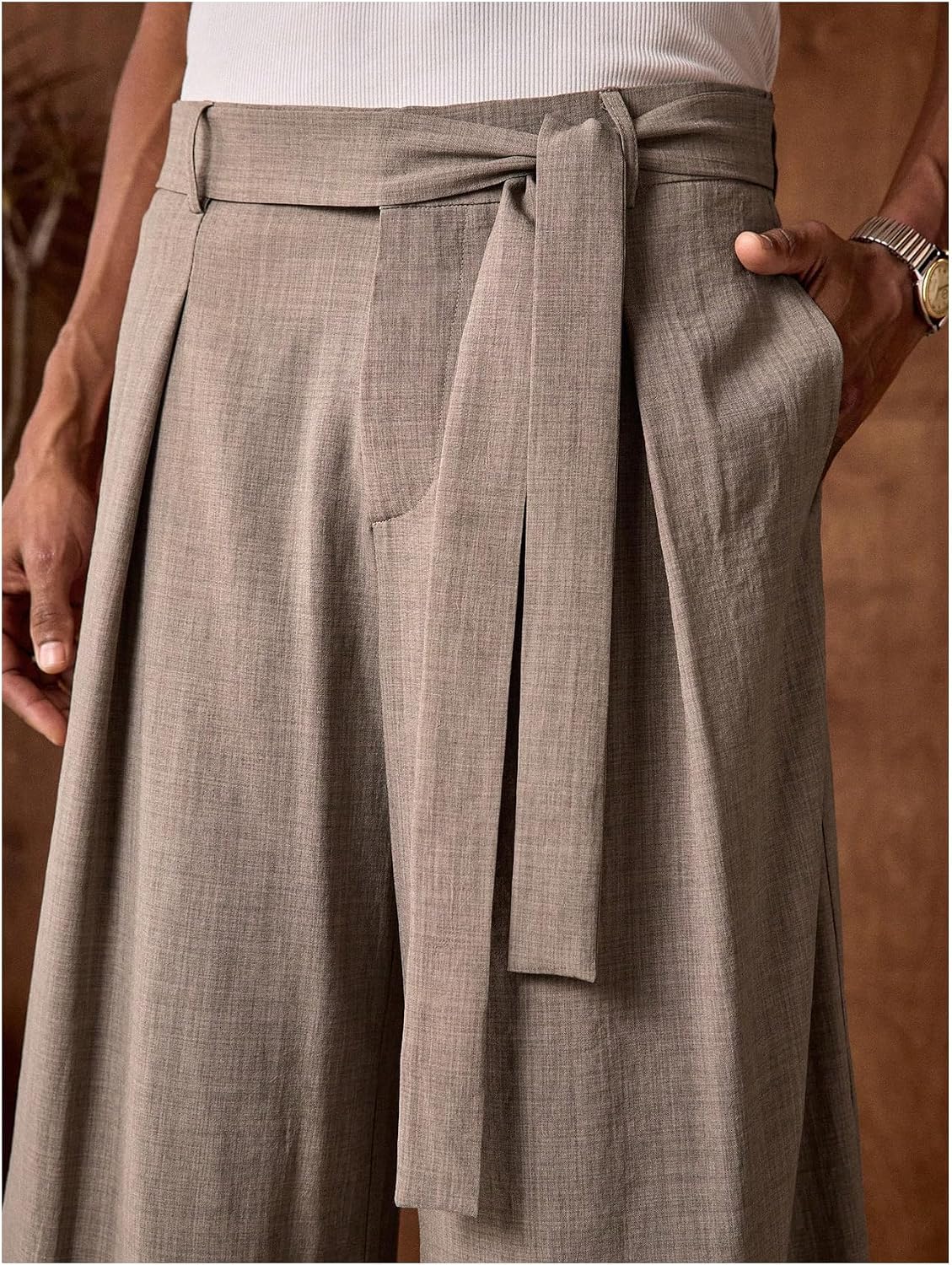 OYOANGLE Men's Dress Pants Pleated Tie Front Straight Leg Tailored Trousers Office Business Casual Slacks with Pockets