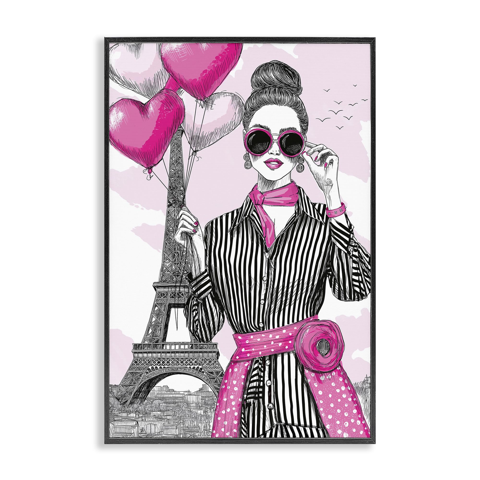 Stupell Industries Midnight Black (Textured) Parisian Chic Woman With Balloons, 12 X 18 Inch Framed Giclée Print