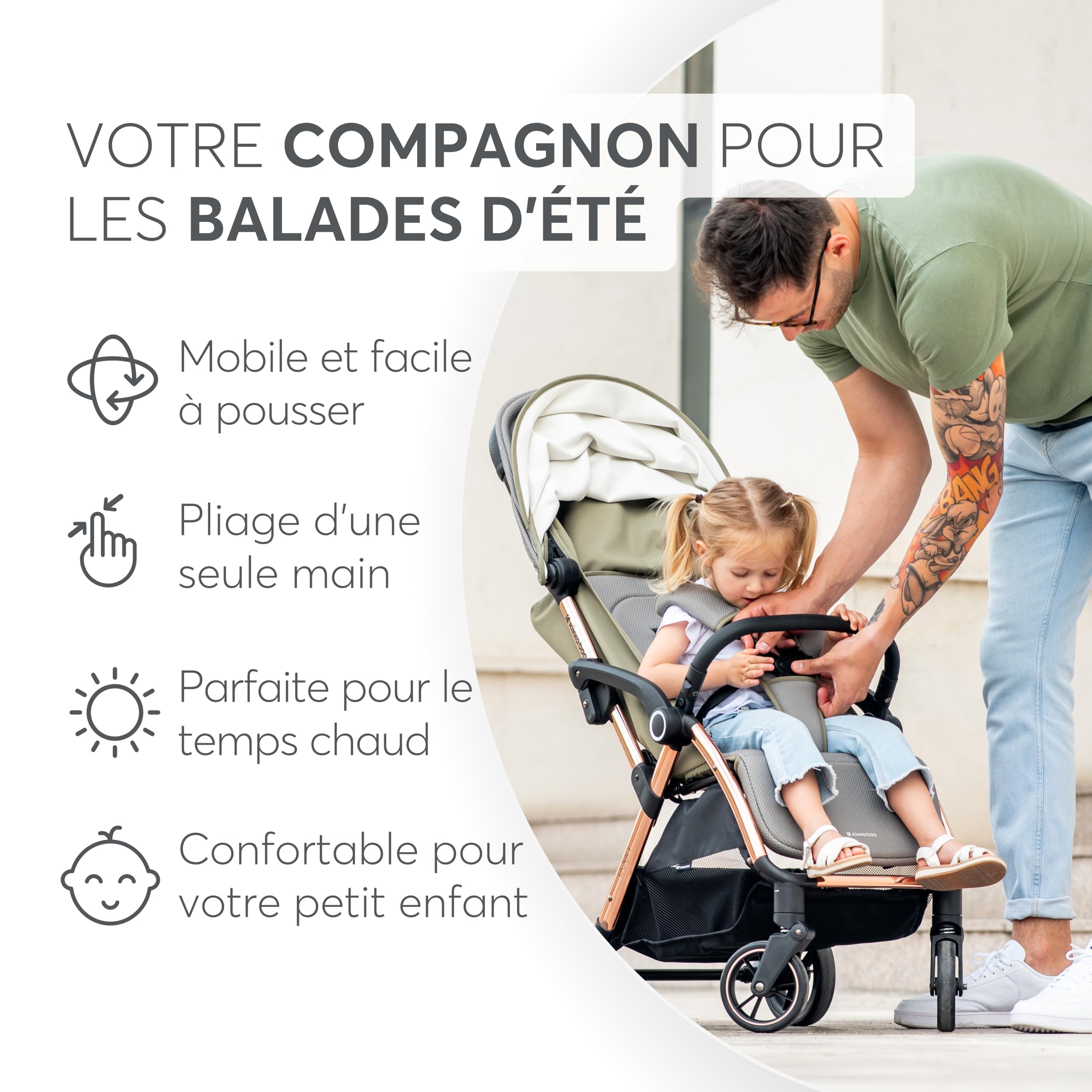 Poussette KikkaBoo EDEN, poussette bébé jusqu'à 22 kg, pliage automatique, position inclinable, ultra légère, compacte, beige