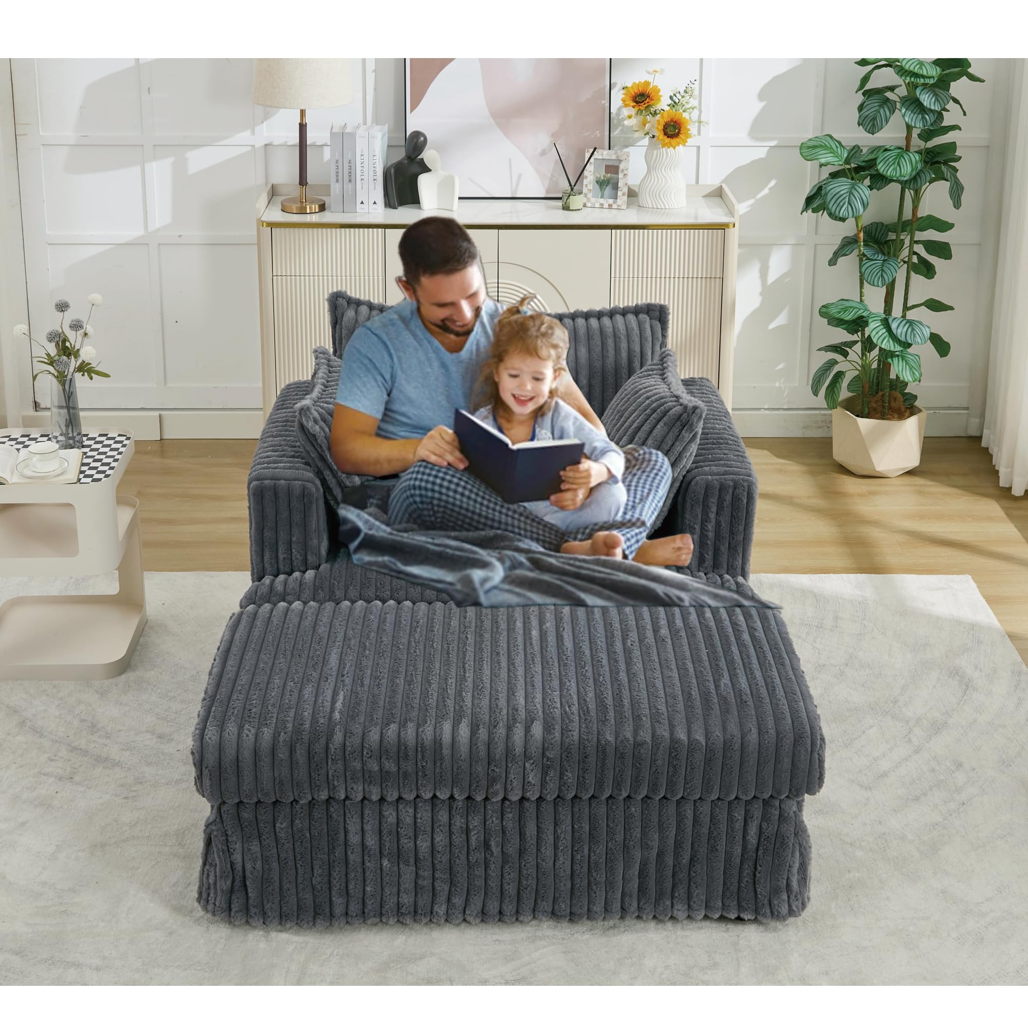 KEIKI Oversized Reading Chair With Storage Ottoman - 57" Wide Cloud Couch, Deep Cushion Lounge Armchair For Living Room, Black - View #7