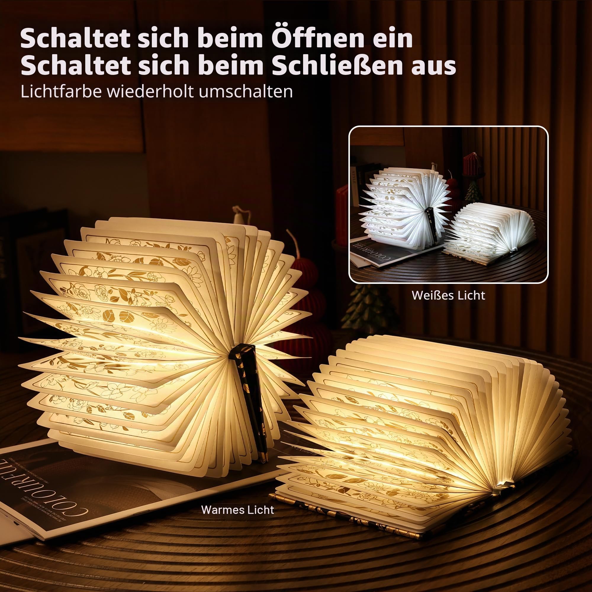 Buchleuchte mit Blumendruck, 3-farbige Buchlampe, Buchliebhaber, Geschenke, 1200 mAh, tragbare, faltbare Papier-Schreibtischlampe, Nachtleselampe, Geschenke für Frauen, Geburtstag