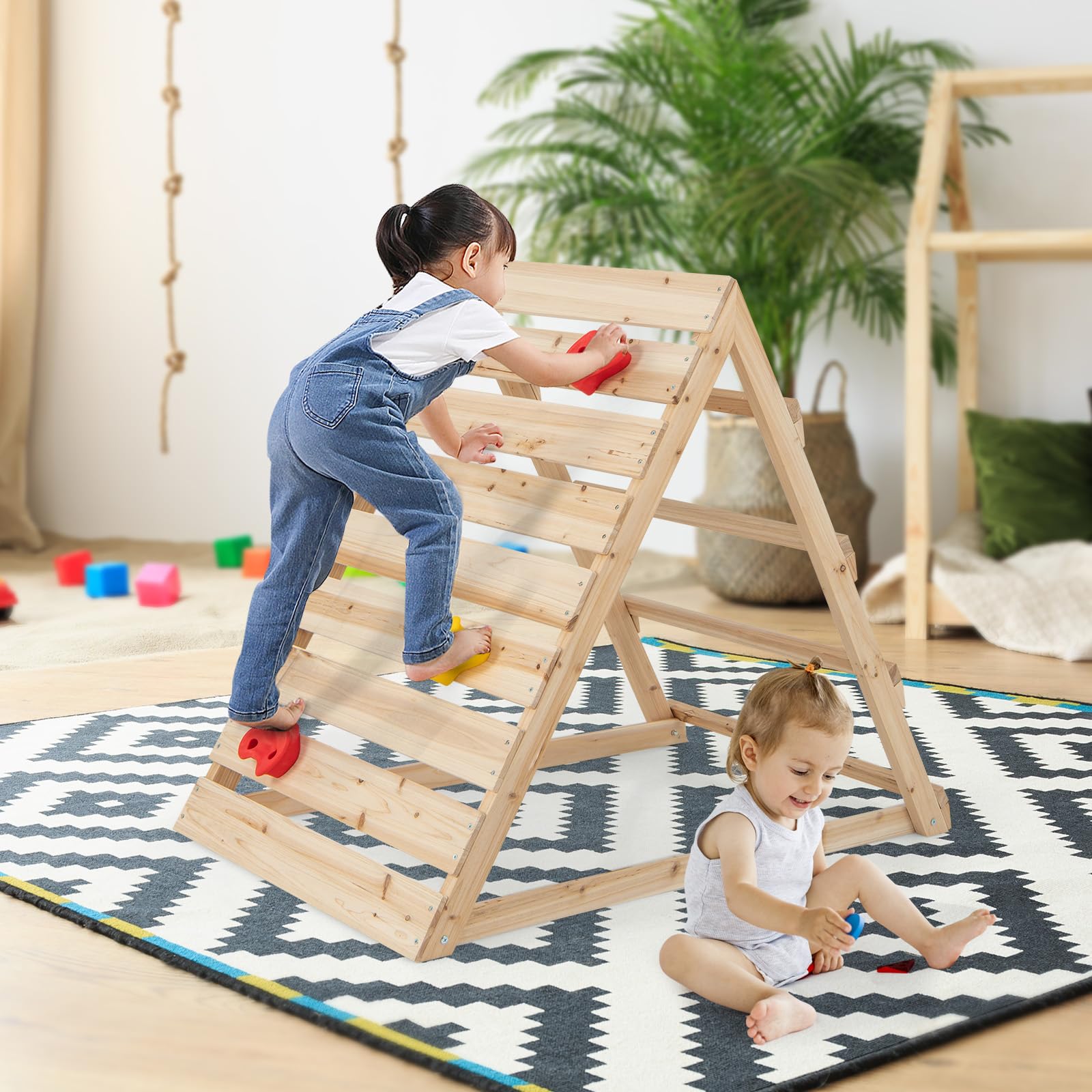 COSTWAY Triángulo Escalada para Niños, Escalador Triangular de Doble Cara con Coloridas Rocas y Escaleras para Escalar, Triángulo de Aprendizaje Montessori para Niños de 3-8 Años, Natural