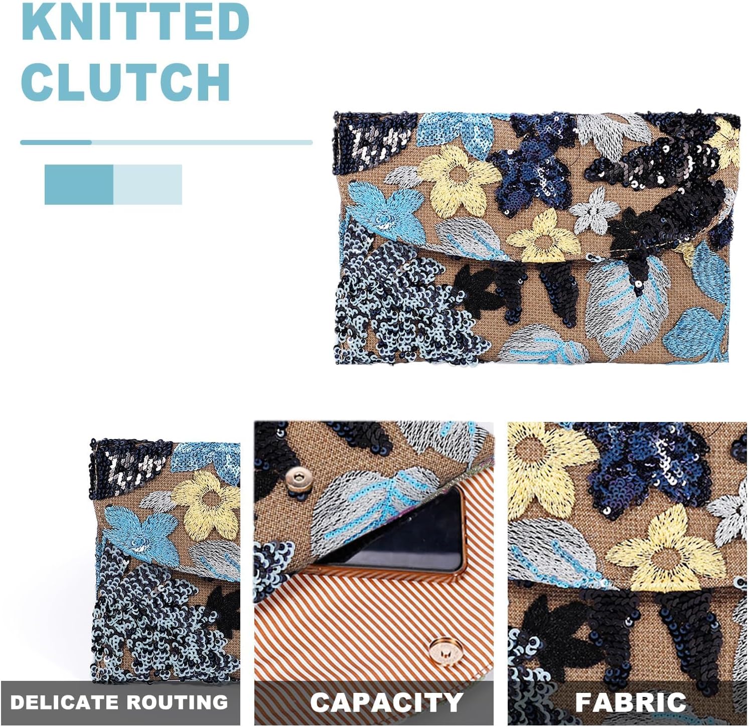 Envelope Package, Clutch Purses for Women, Sequin Embroidered Flowers Straw Bag, Bohemian Handmade Handbags, Beach Bag for Vacation, Travel, Banquet(Black Flower) - Image 5