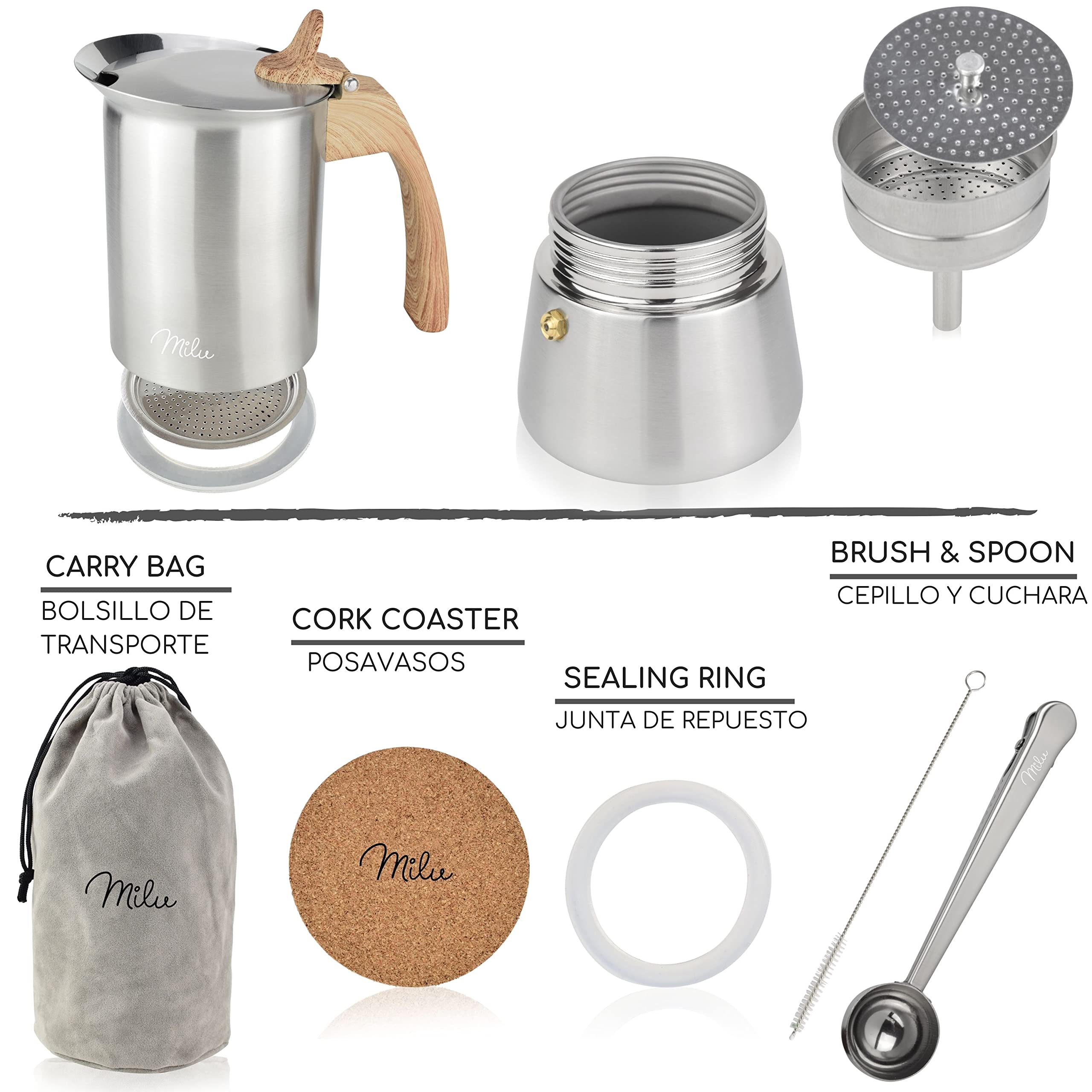 Milu Cafetera Italiana (2 Tazas sin inducción) 2 4 6 9 Tazas Cafetera Moka de Acero Inox Expresso Maker - Set comprensivo di sottobicchiere, cucchiaio, spazzola (Asa: Aspecto madera, 4 tazas (200ml))