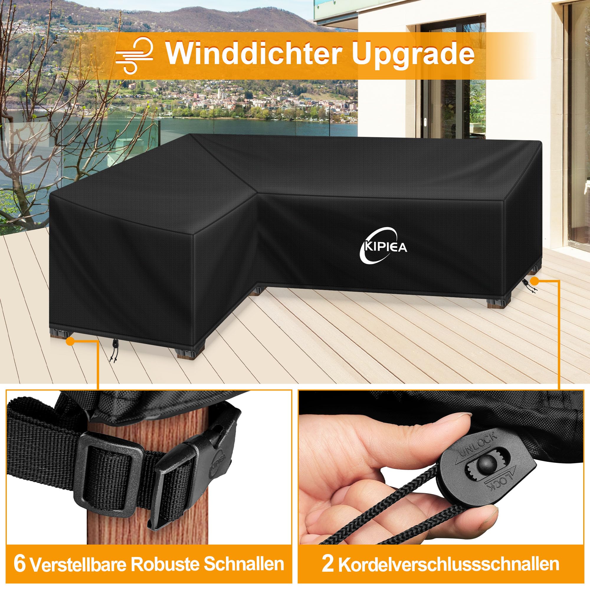 Kipiea Abdeckung Loungemöbel L-Form Wasserdicht, Abdeckung Gartenmöbel Winterfest, 500D Lounge Abdeckungen Winddicht, L-Form Abdeckplane Gartenmöbel Reißfest, Anti-UV (Linke Seite, 147x198x85x78cm)