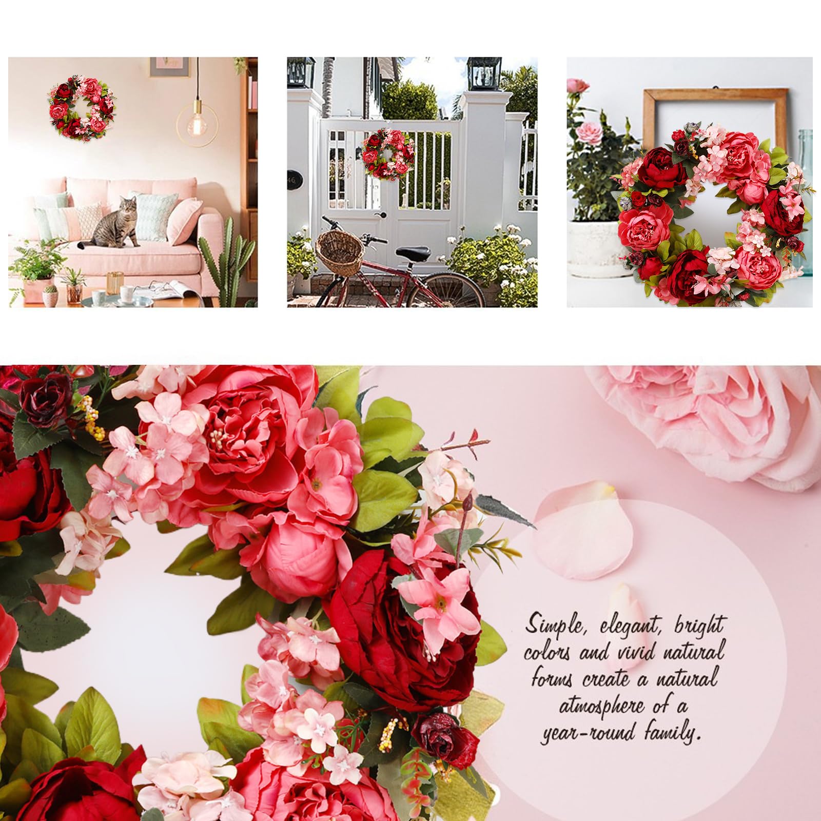 Ghirlanda di peonie, Ghirlanda per Porta di Fiori di Seta Artificiale da 16 Pollici con Fiori Rossi per Matrimoni all'aperto - Fiore