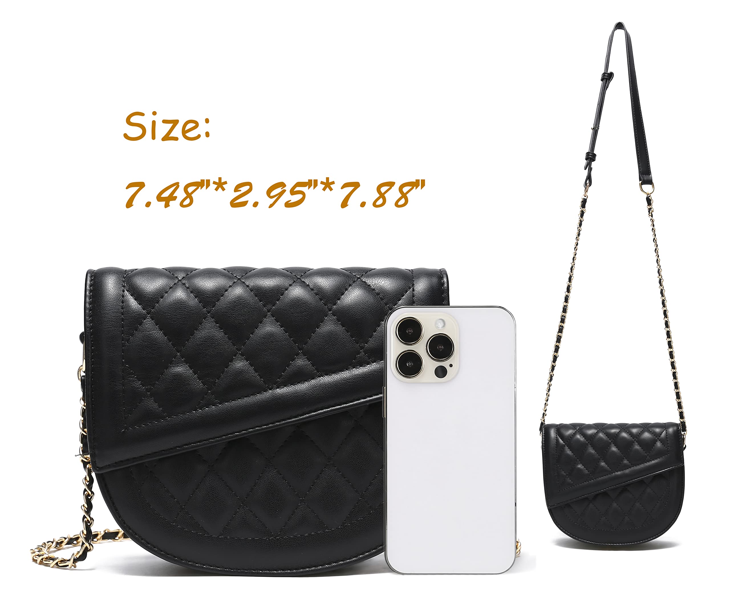 Bolsos cruzados con solapa para mujer sobre el hombro Bolsos de cadena Bolsos de cuero vegano, Negro, Large